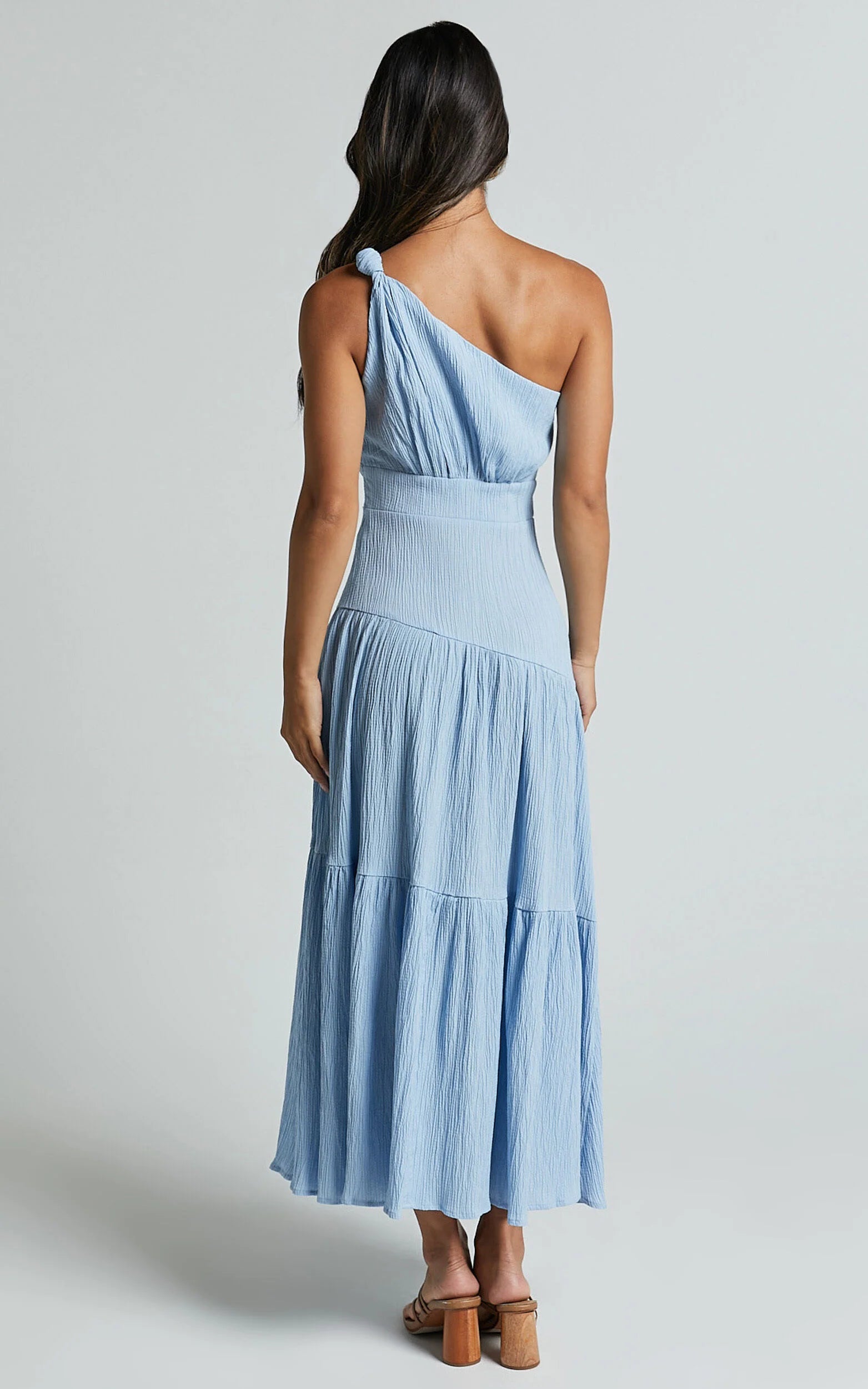 Celestia Midi Dress - Tiered One Shoulder Dress in Soft Blue