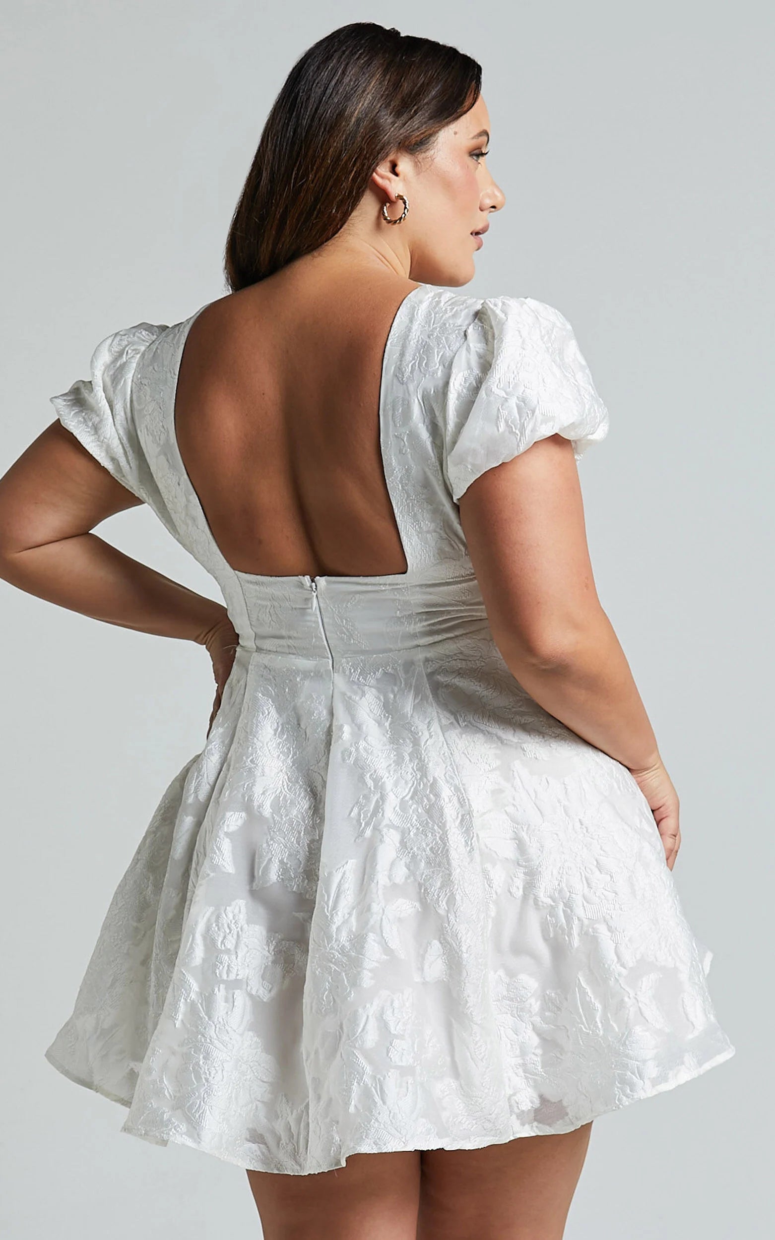 Brailey Jacquard Mini Dress - Puff Sleeve Dress in White