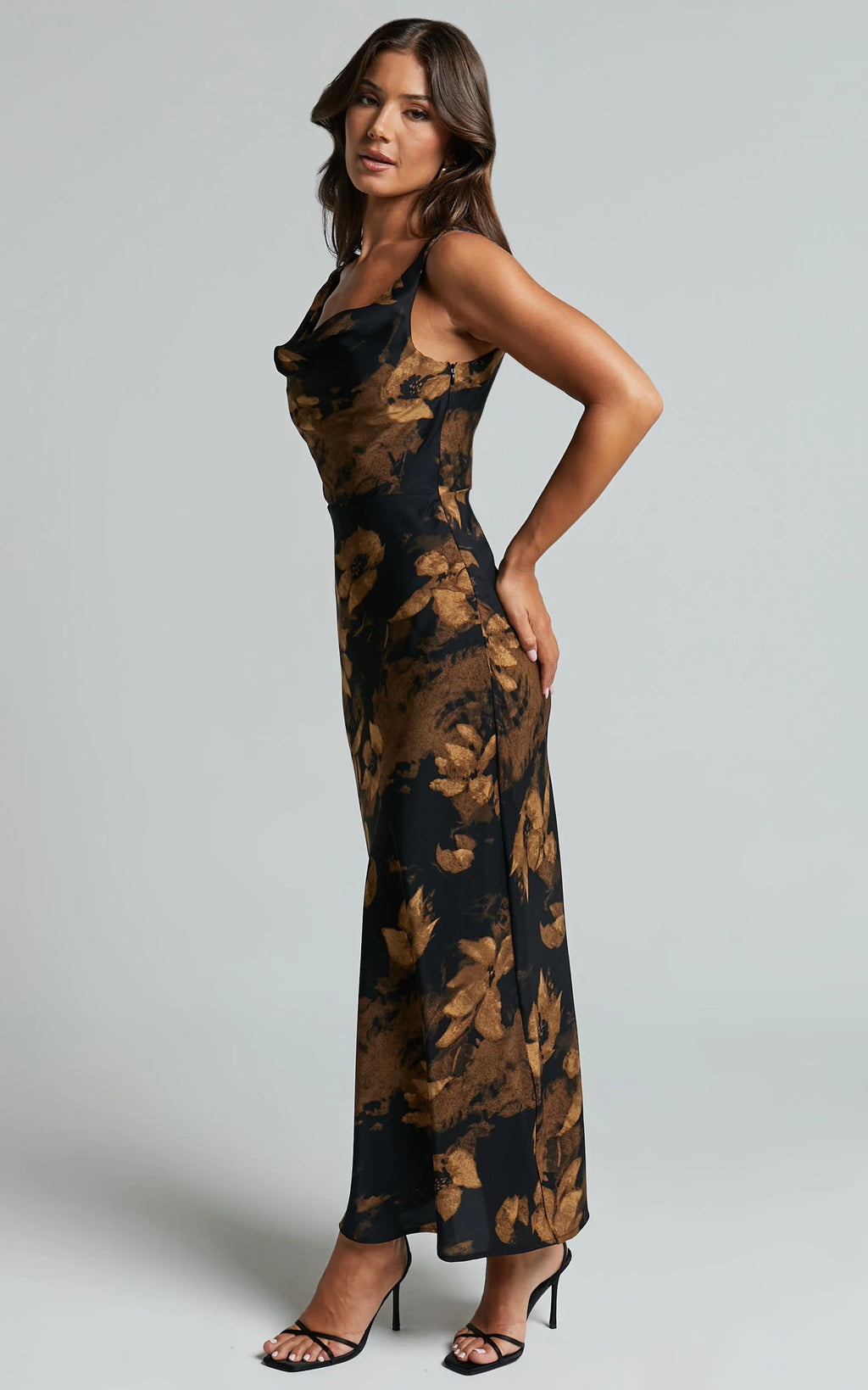 Dara Midi Dress - Low Neck Sleeveless Slip Dress in Amber Floral Print