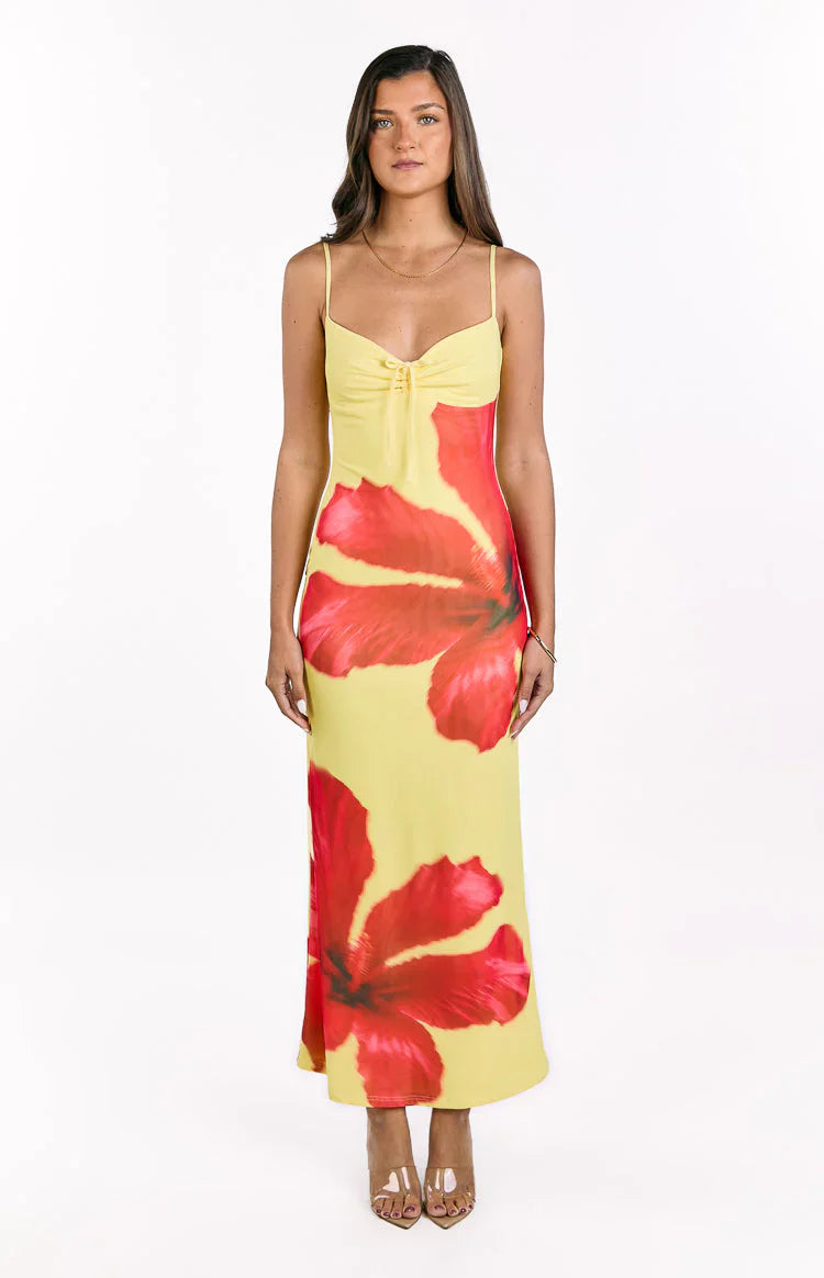 Rosalyn Yellow Hibiscus Print Maxi Dress
