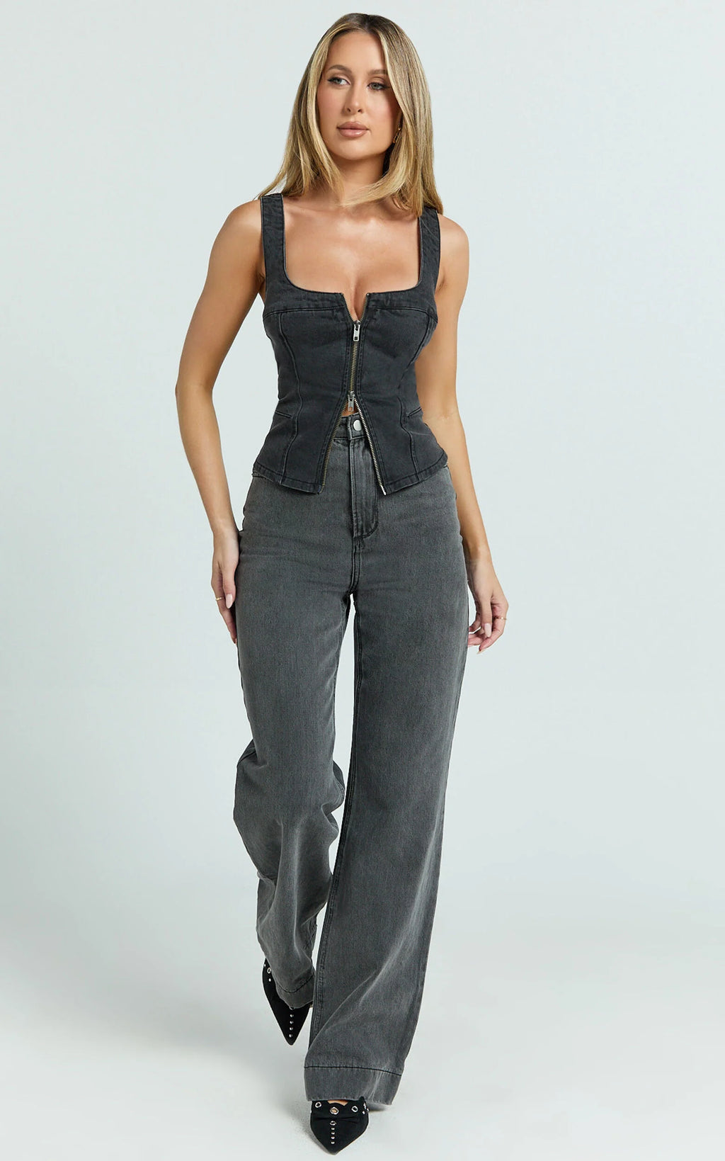 Bellerose Top - Front Zip Denim Fitted Top in Washed Black