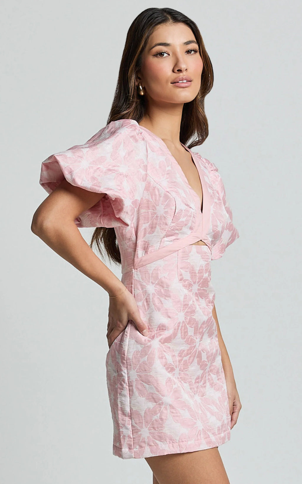 Diana Mini Dress - Jacquard Short Sleeve Cut Out Dress in Light Pink