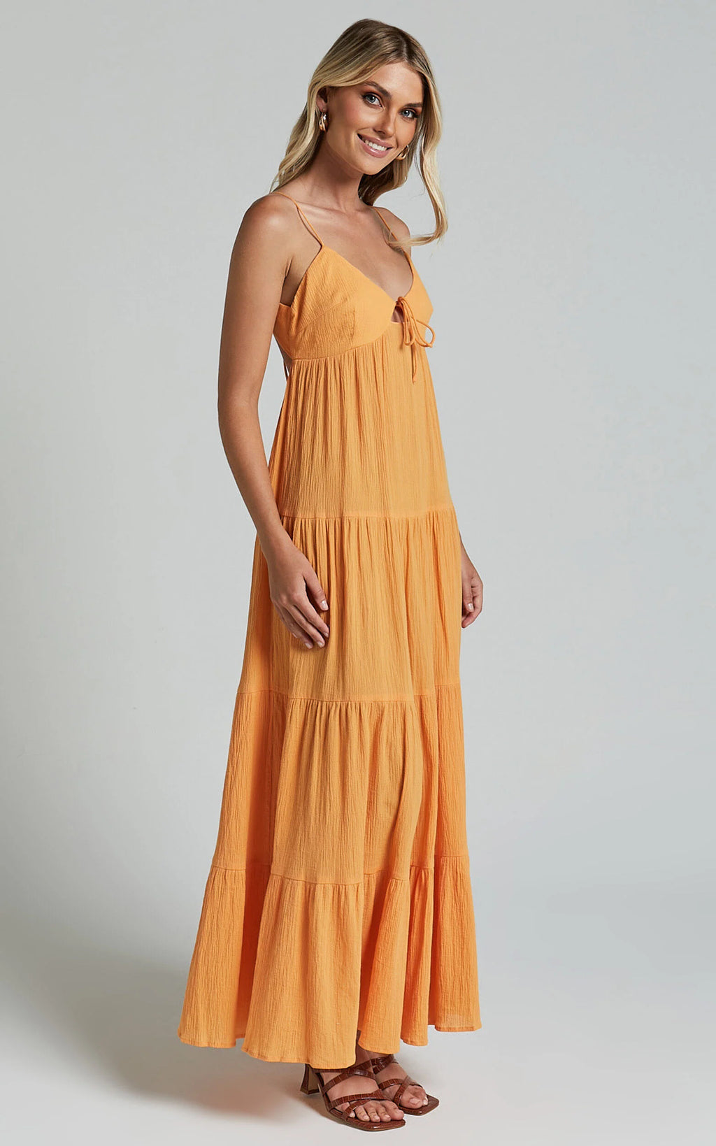 Chila Maxi Dress - Strappy Tie Front Low Back Tiered in Papaya Orange
