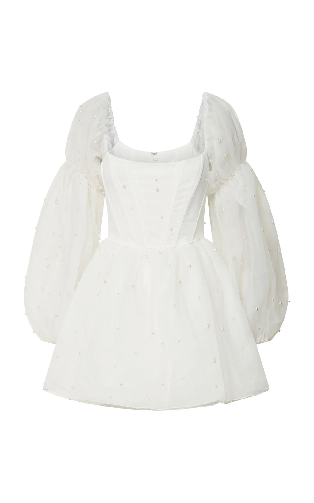 Ingrid Mini Dress - Long Puff Sleeve Pearl Detail Dress in White