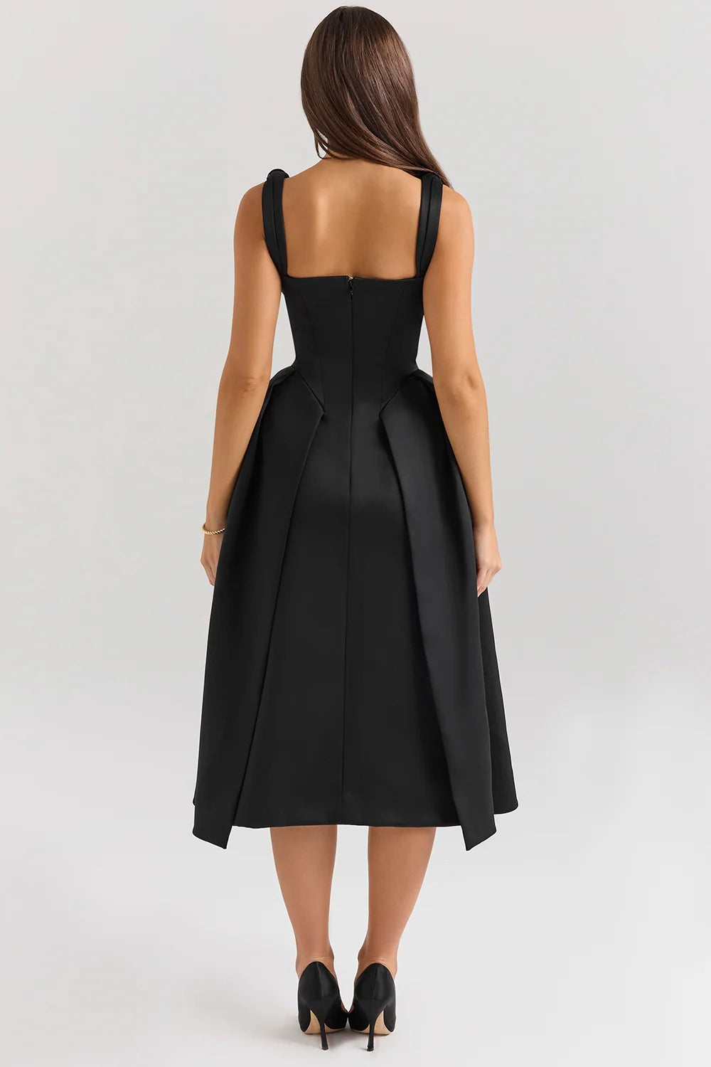 Black Satin Twist Strap Midi Dress