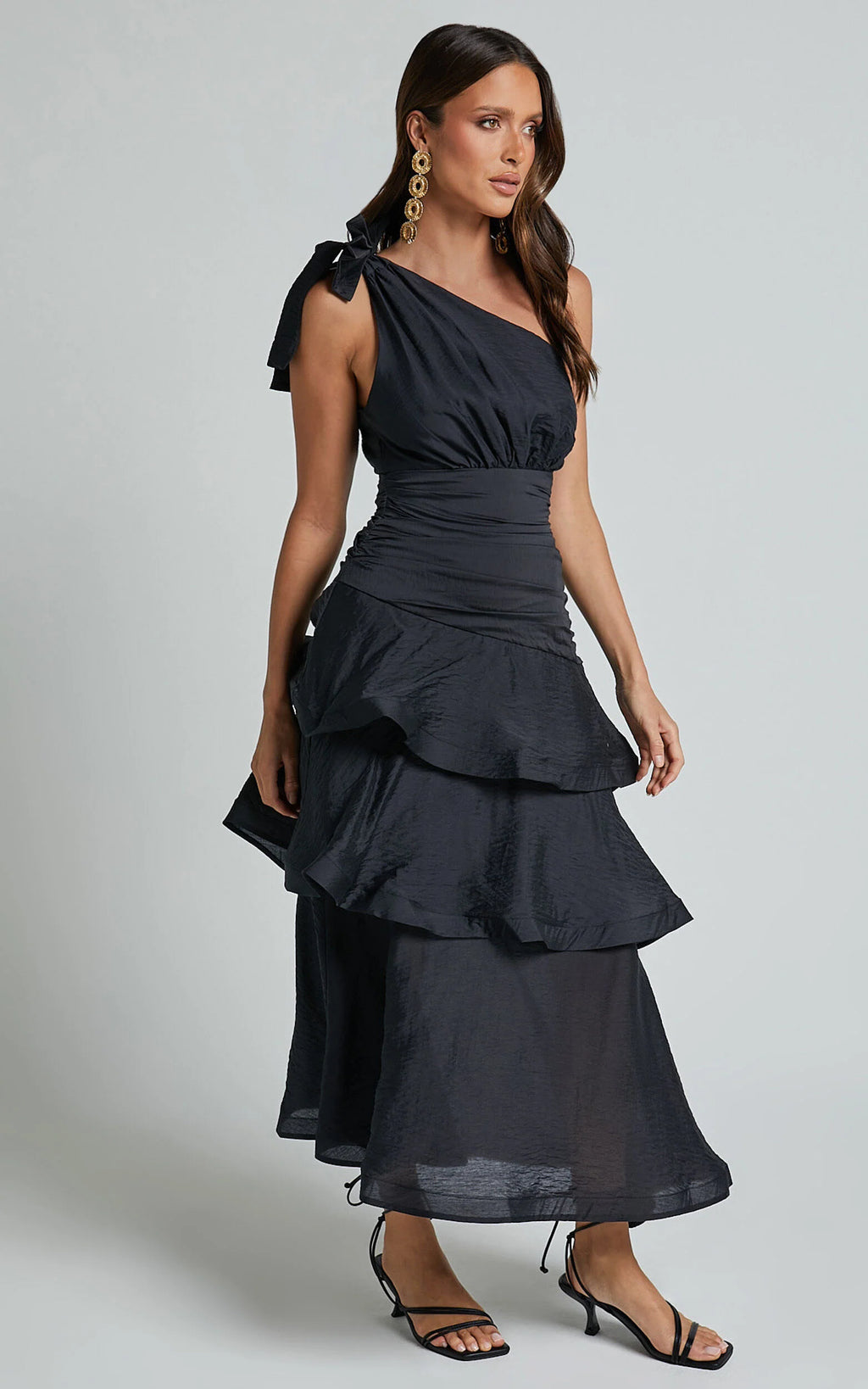 Eugenia Midi Dress - One Shoulder Fit and Flare Layered Dress in Black
