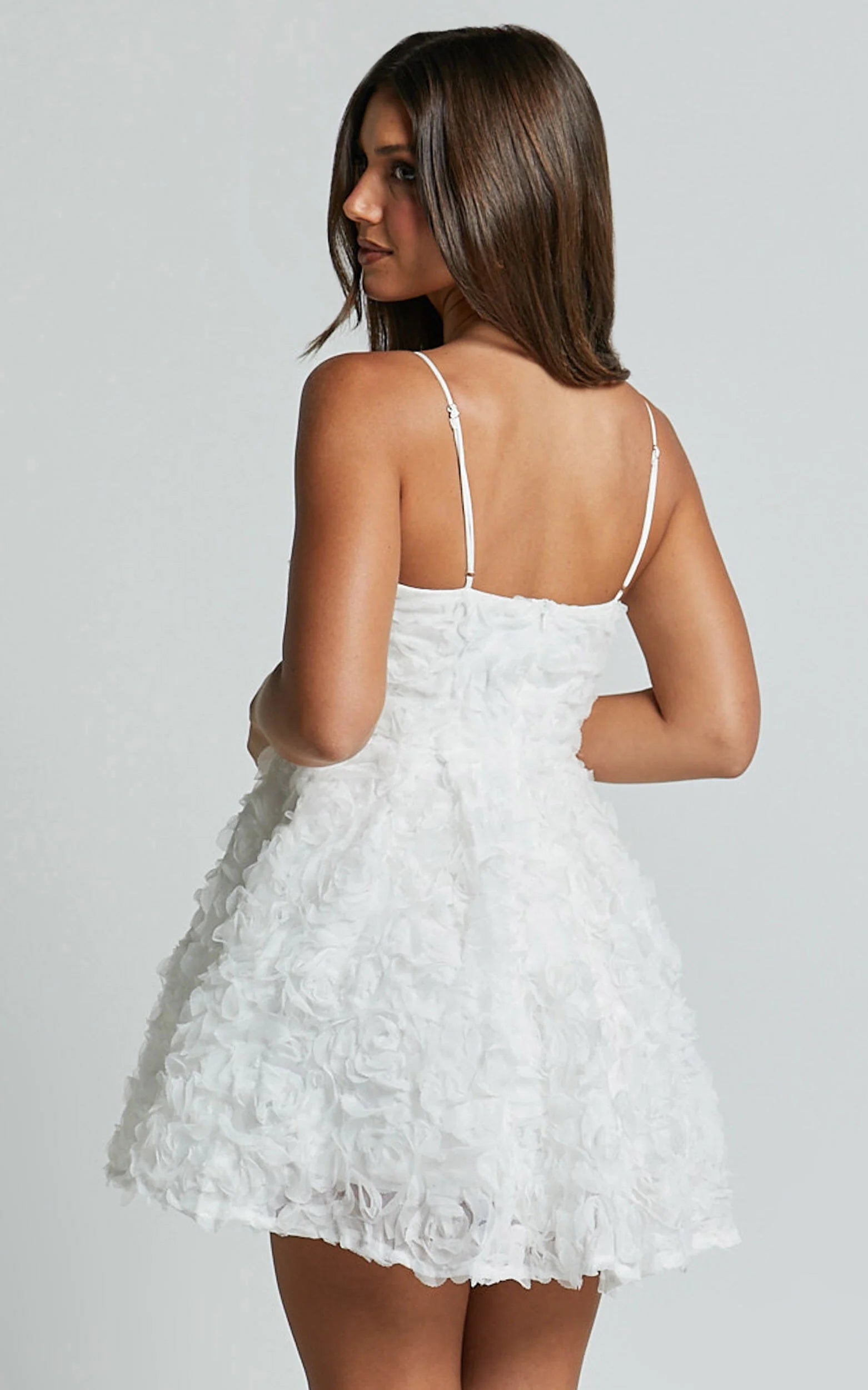 Alvia Mini Dress - 3d Flower Full Skirt Dress in White
