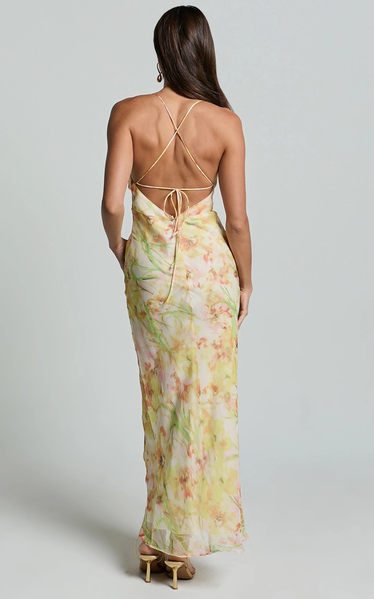 Alessa Midi Dress - Tie Strap Cowl Neck Slip Dress in Yelllow Floral Print