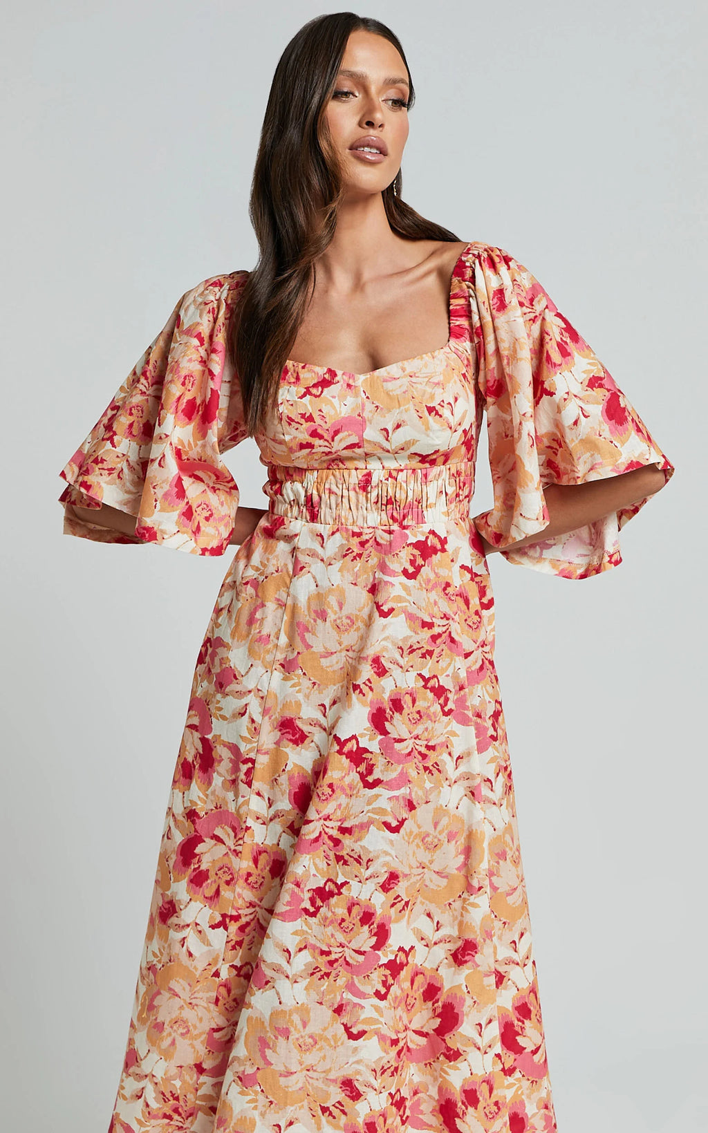 Amalie The Label - Thalia Linen Blend Puff Sleeve Midi Dress in Sienna Print