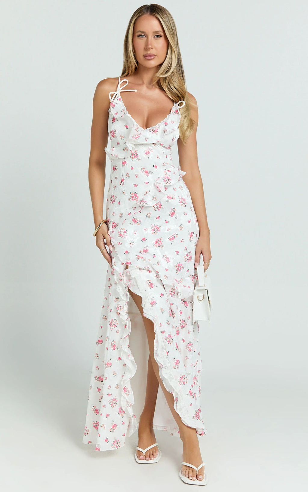 Justine Maxi Dress - Jacquard V Neck Tiered Lace Trim Dress in Romantic Ditsy Print