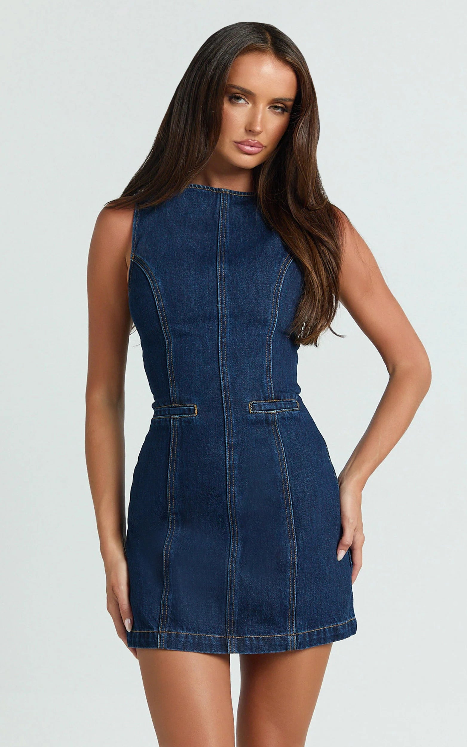 Olenna Mini Dress - High Neck Fitted Denim Dress in Indigo Wash
