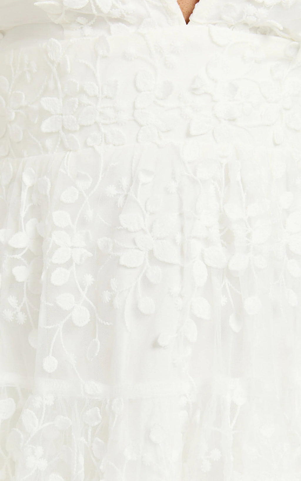 Pamela Mini Dress - Embroidered Plunge Tiered Dress in White