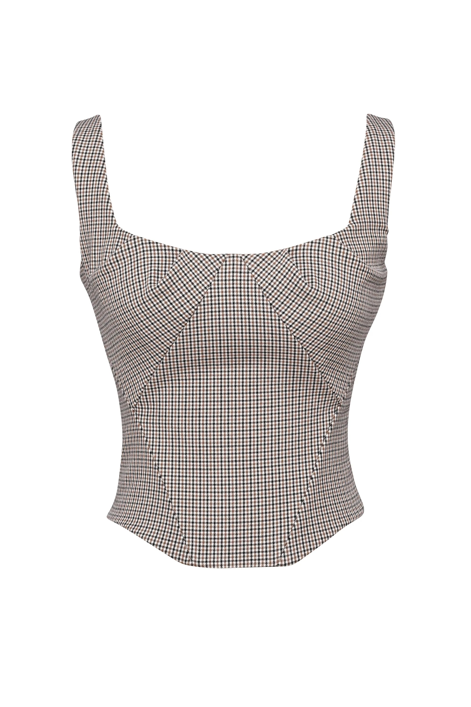 Brown Puppytooth Boned Corset Top