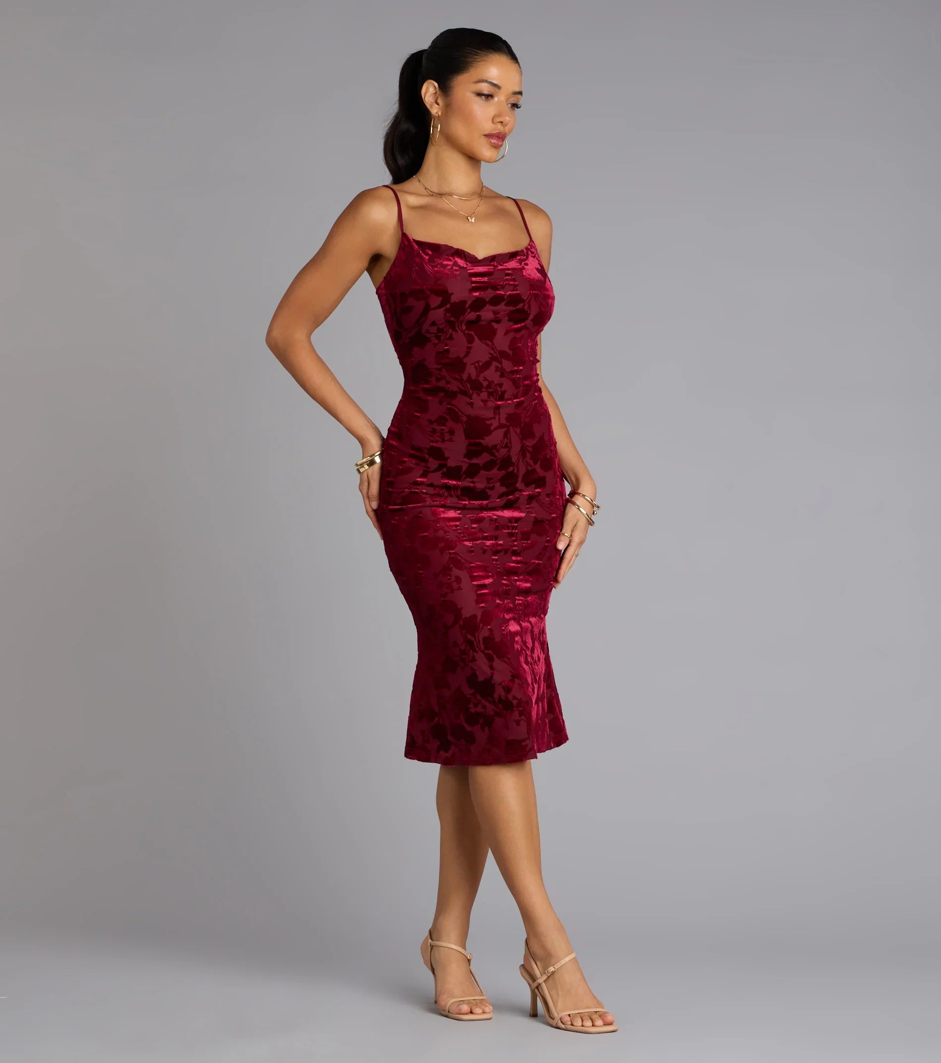 Oh-So-Chic Floral Velvet Burnout Midi Dress