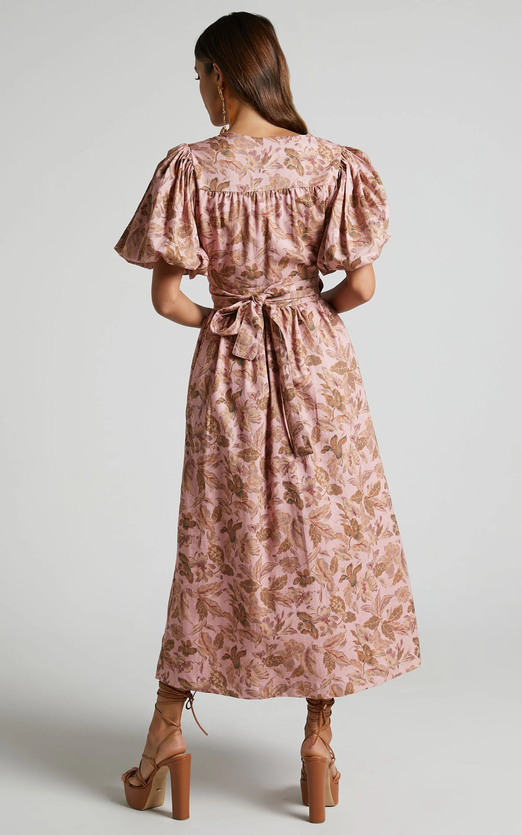 Amalie The Label - Franc Linen Puff Sleeve Wrap Midi Linen Dress in Vahala Print