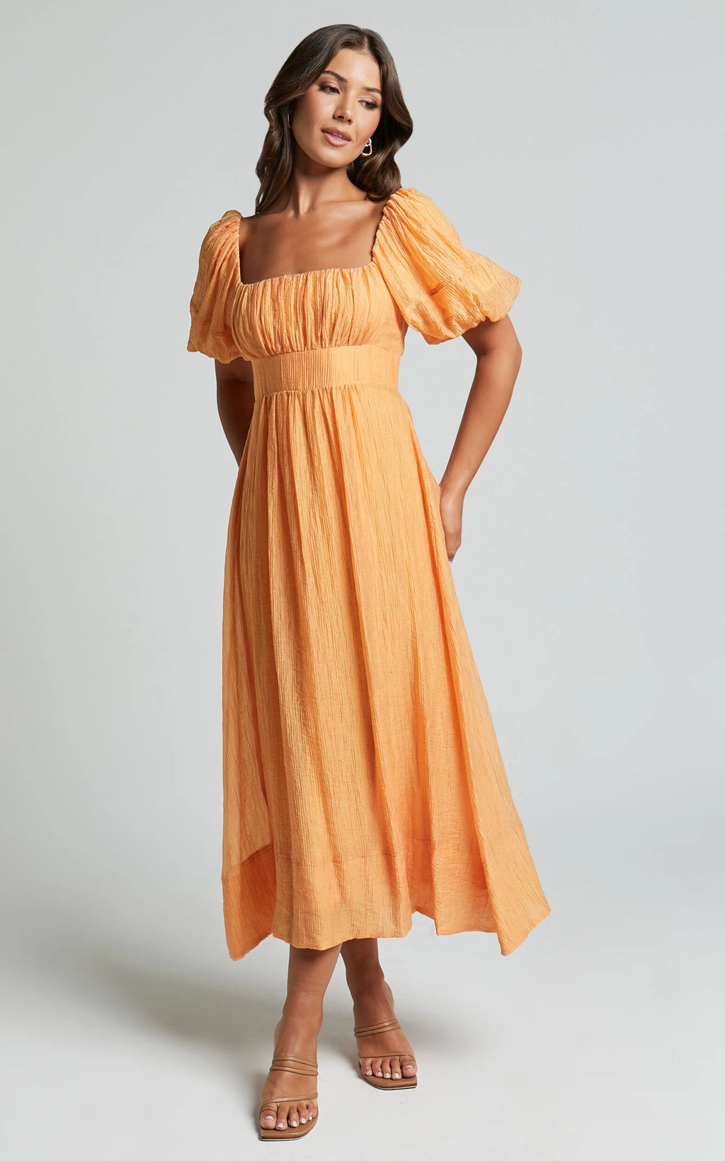 Roshina Midi Dress - Straight Neck Puff Sleeve Dress in Orange