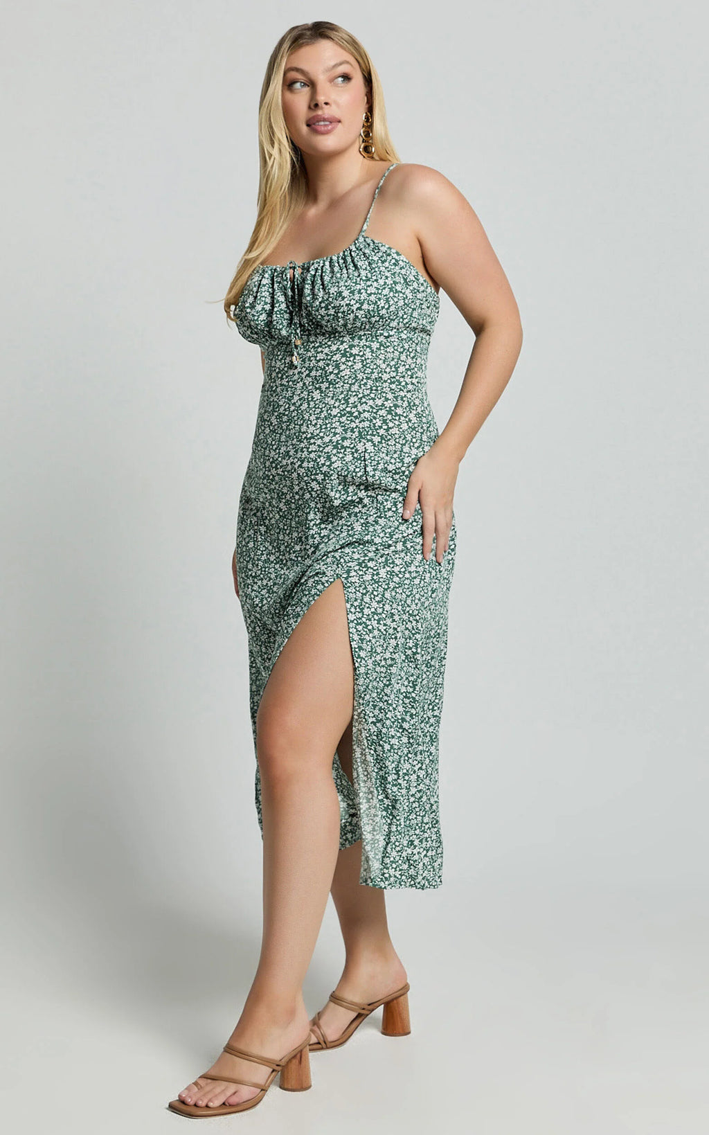Willa Midi Dress - Ruched Bust Thigh Split Dress in Olive Floral