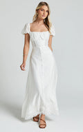 Giselle Midi Dress - Puff Sleeve Corset Flare Dress in White