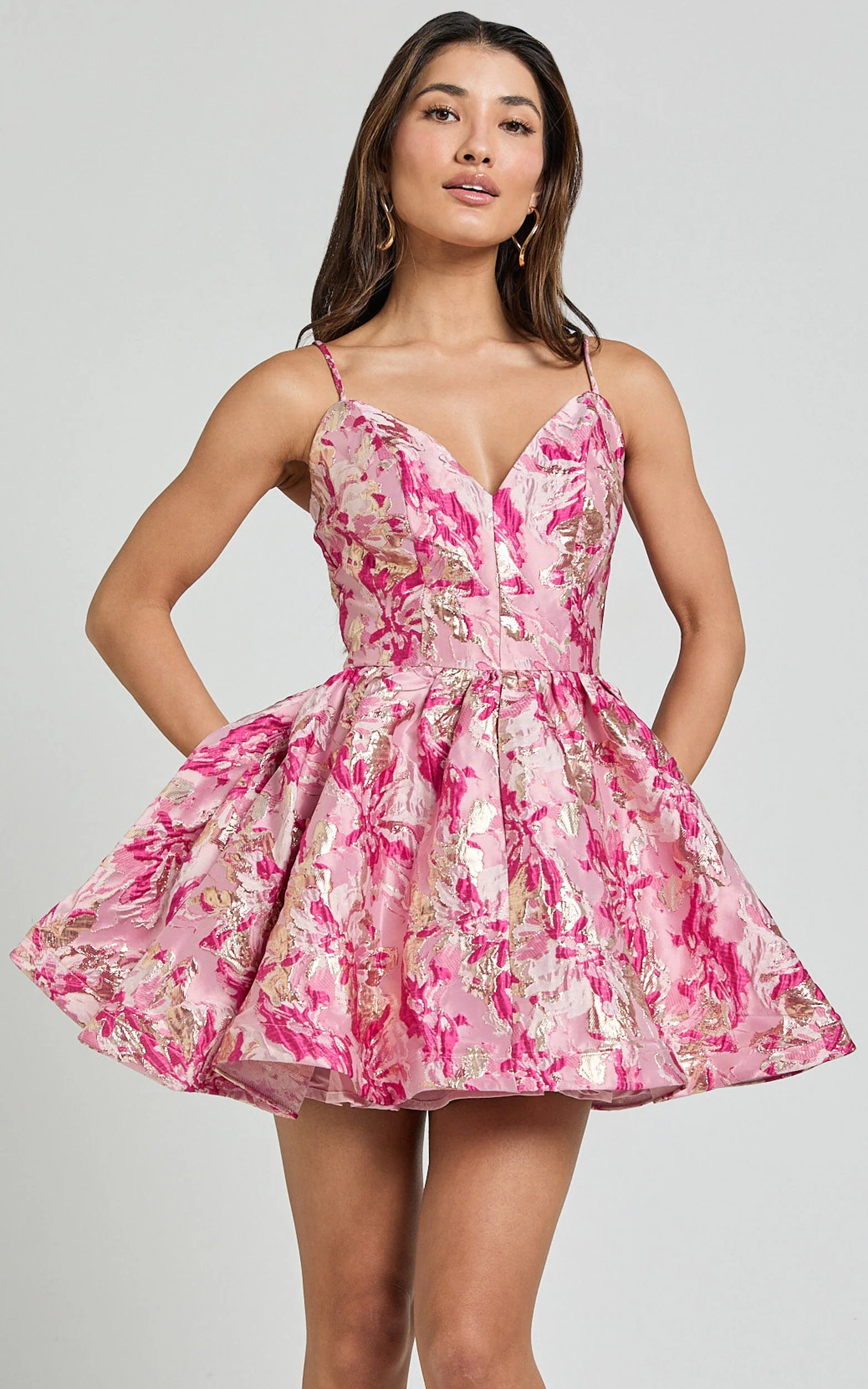 Helina Mini Dress - Strappy Plunge Jacquard Dress in Light Pink