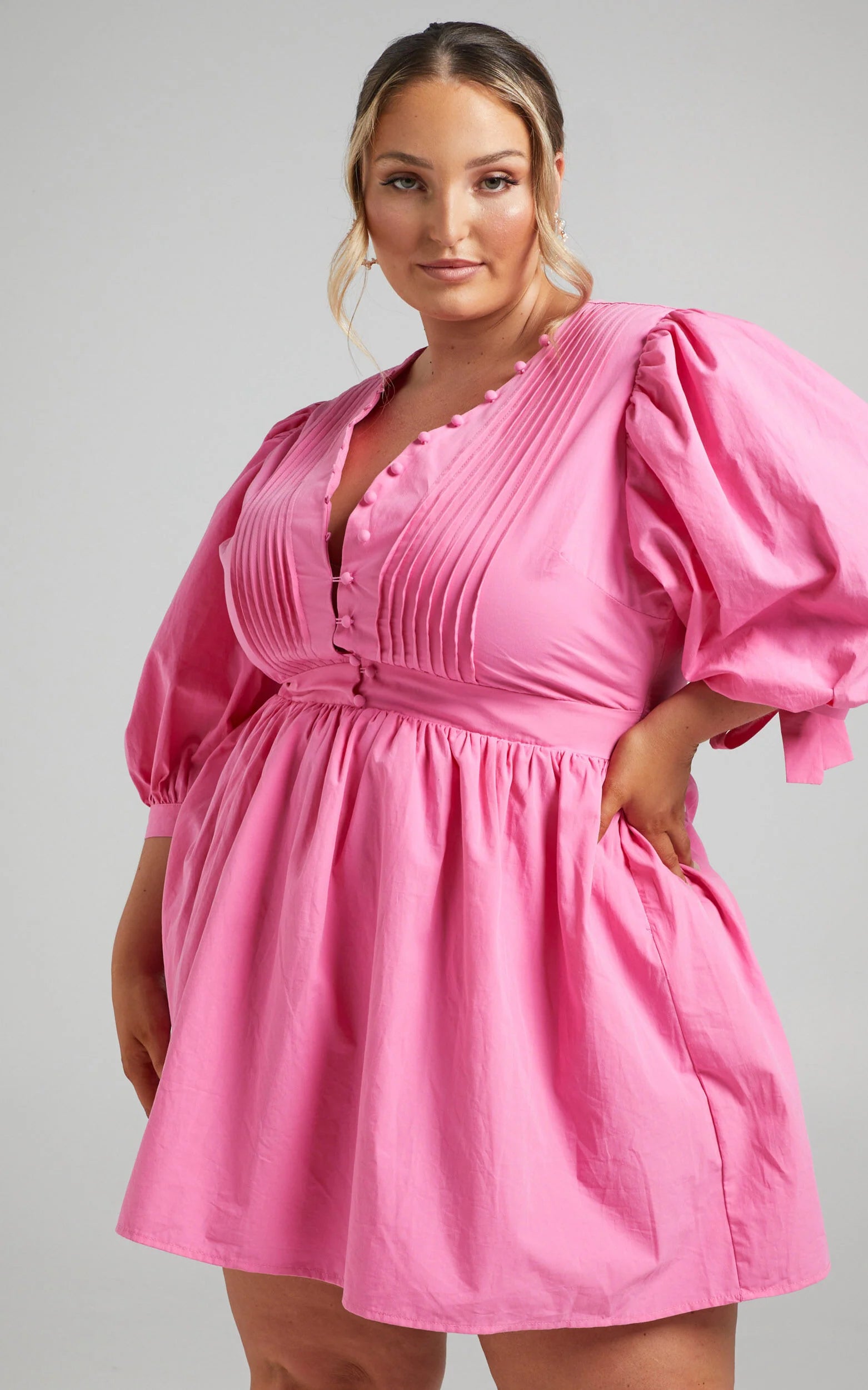 Zandra Mini Dress - Puff Sleeve Poplin Dress in ICE PINK