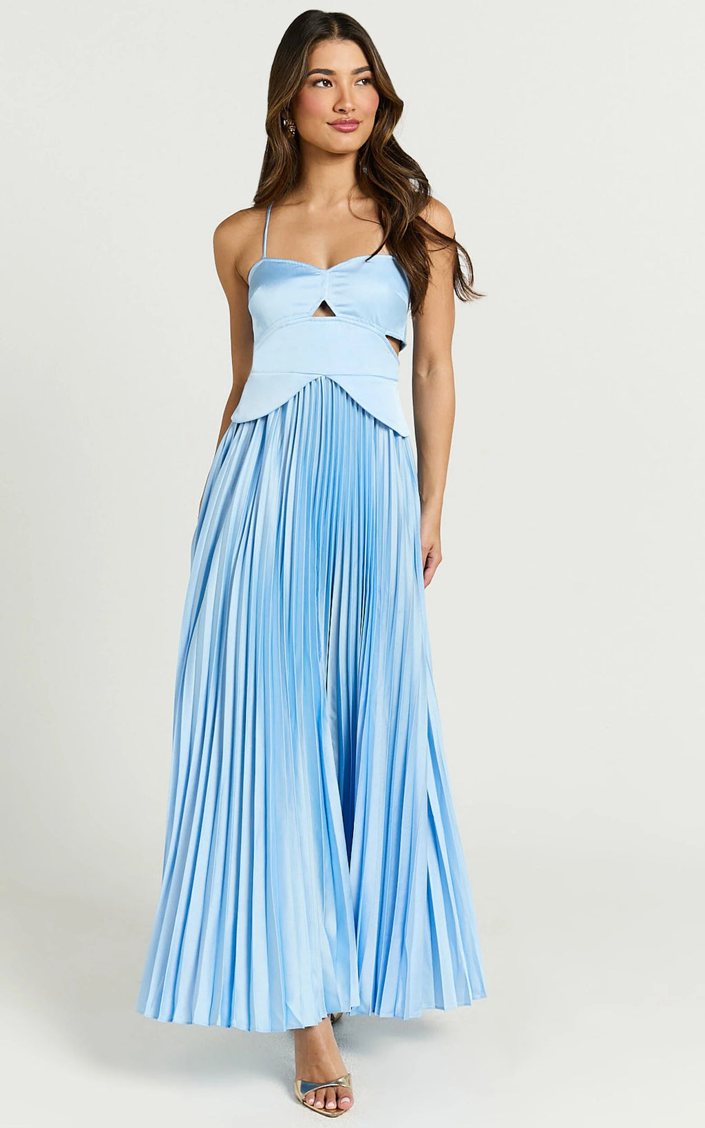 Shay Maxi Dress - Sweetheart Cut Out Pleated Dress in Blue