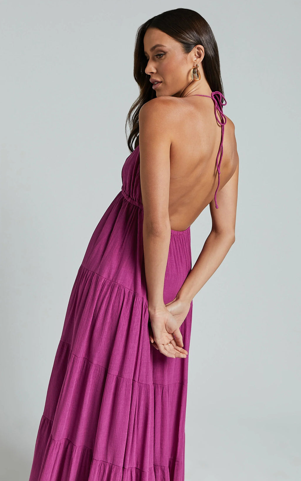 Claudia Maxi Dress - Halter Neck Low Back Empire Waist Tiered Dress in Magenta