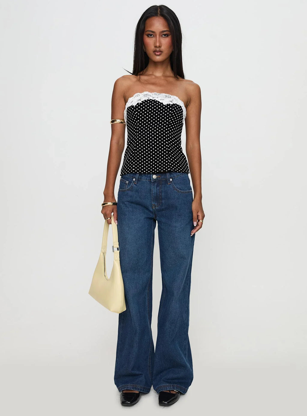 Ettore Lace Trim Strapless Top Black Polka