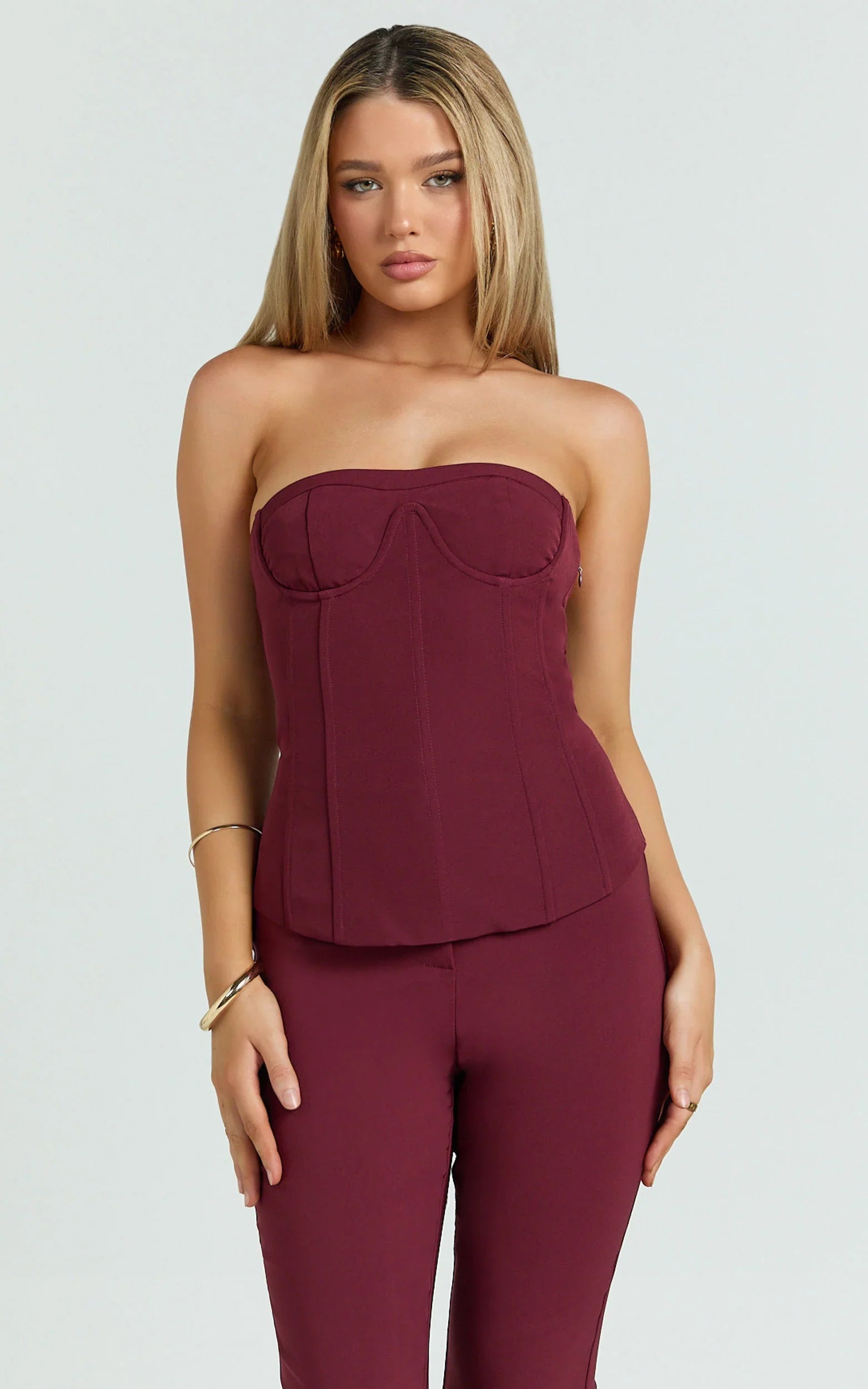 Irene Top - Strapless Sweetheart Lace Up Back Top in Wine