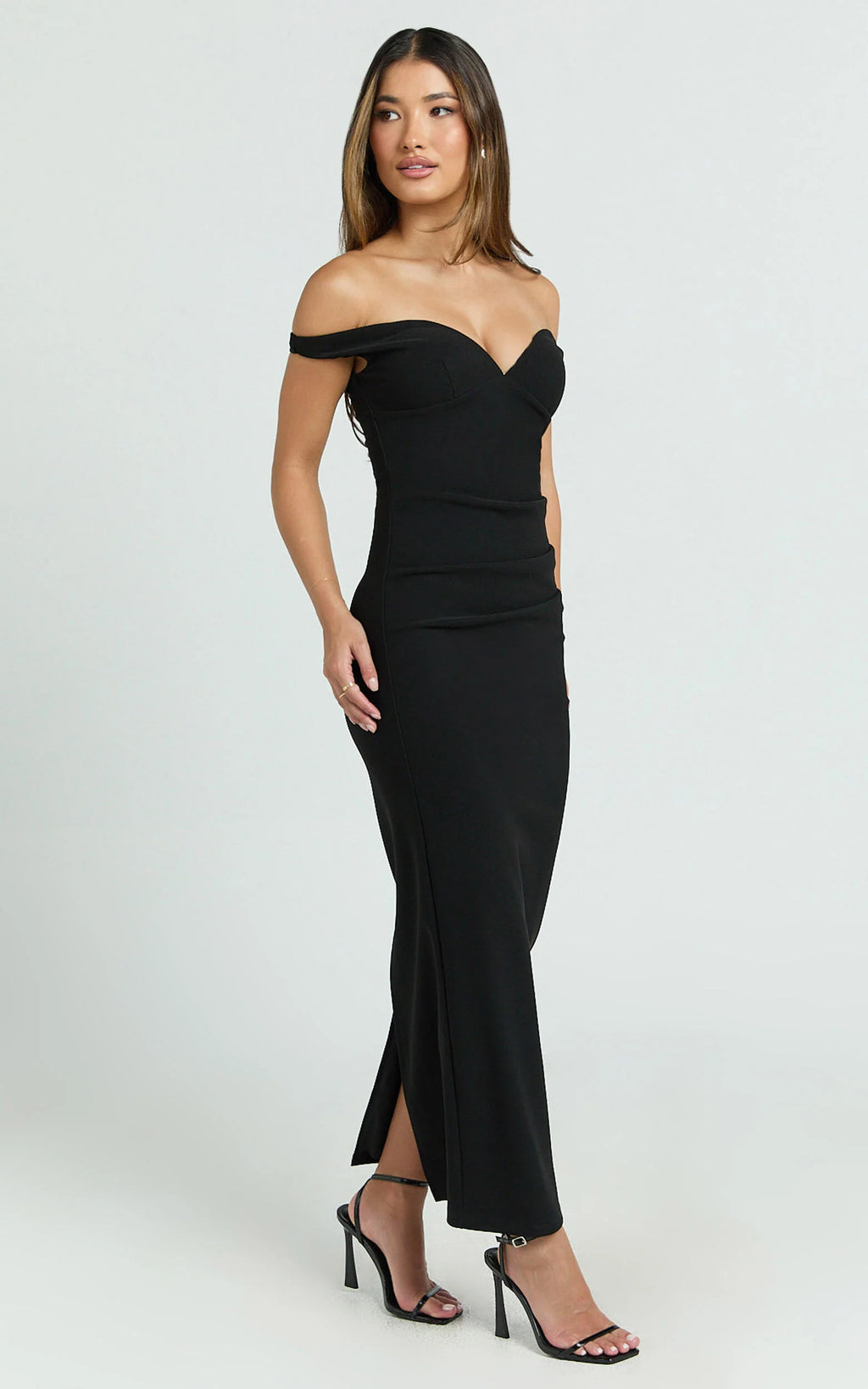Vinnie Midi Dress - Off Shoulder Bustier Side Tuck Fitted Dress in Black