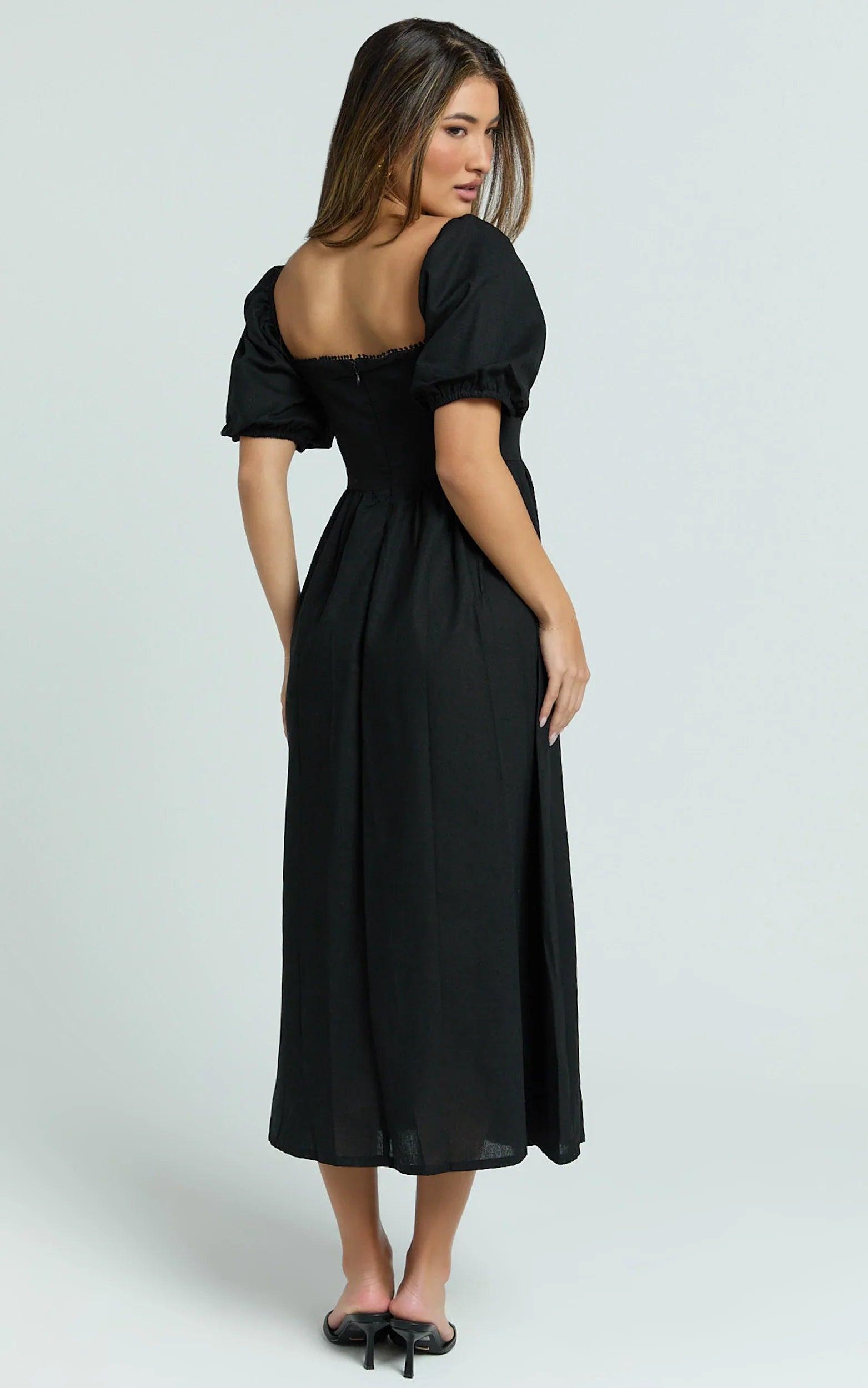 Quinn Midi Linen Blend Dress - Puff Sleeve Square Neck Dress in Black