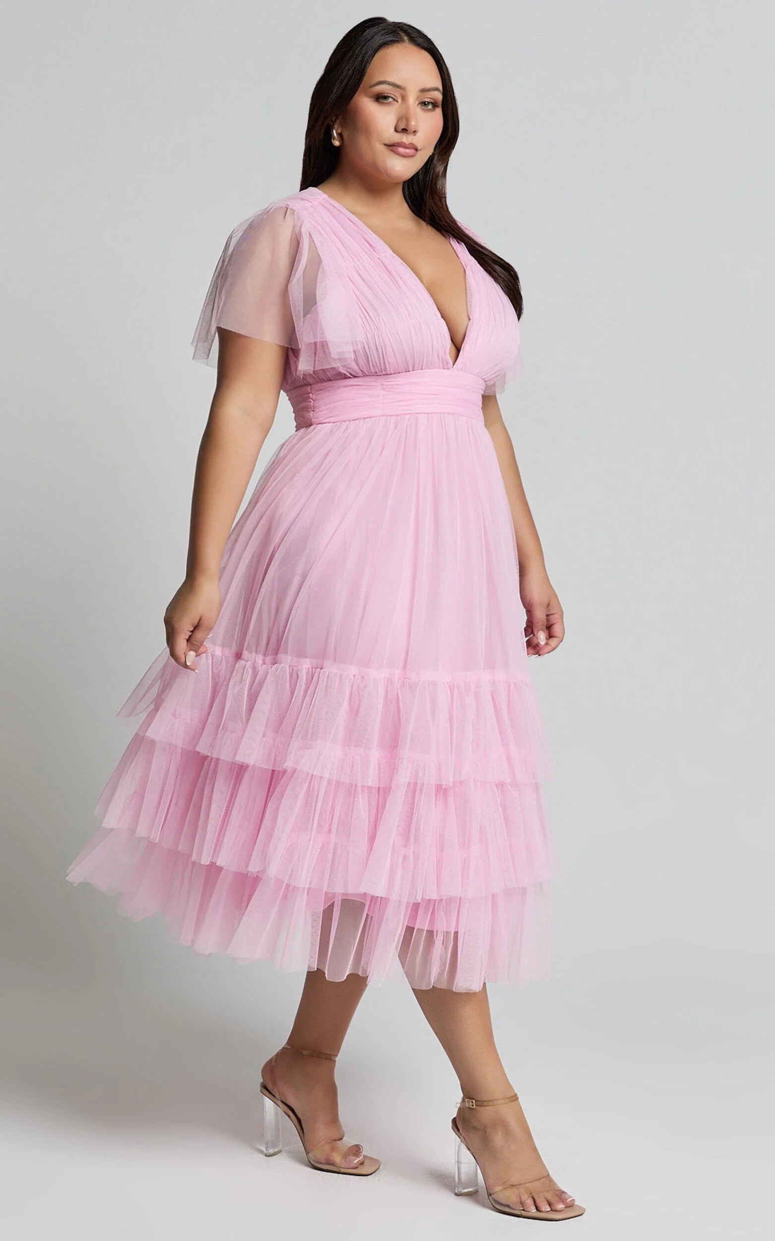 Jiraye Midi Dress - Flutter Sleeve Tuelle Plunge Dress in Ballet Pink