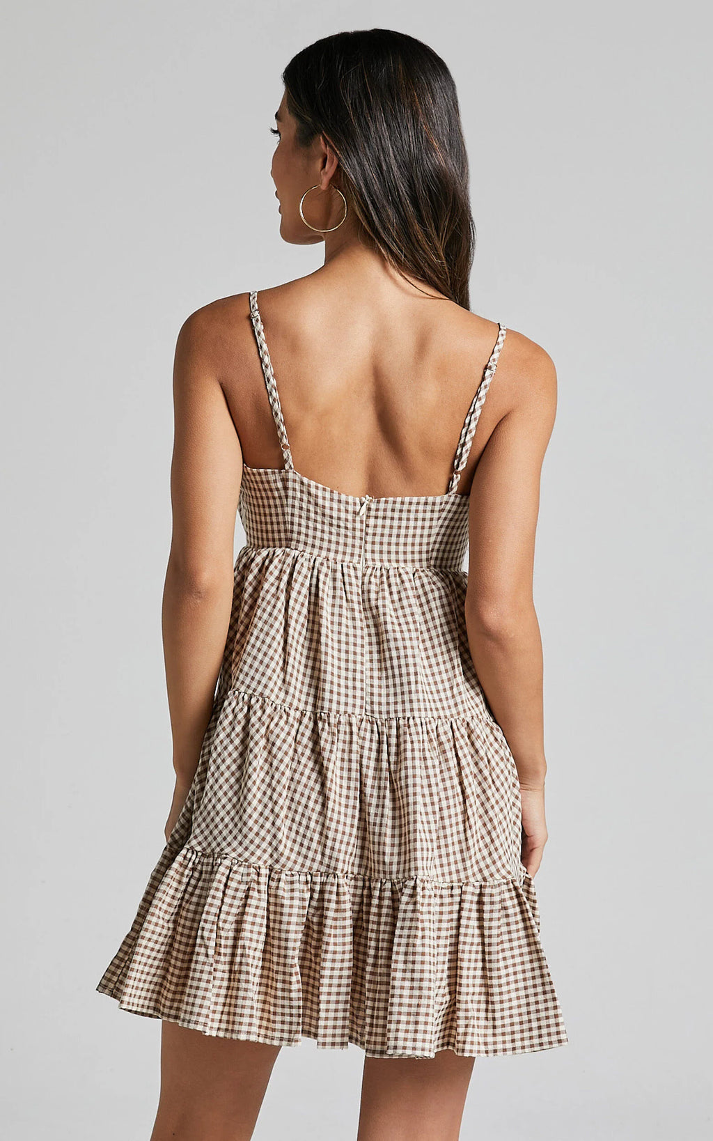 Lorelle Mini Dress - Straight Neck Tiered Dress in Brown Check Gingham