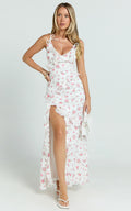 Justine Maxi Dress - Jacquard V Neck Tiered Lace Trim Dress in Romantic Ditsy Print