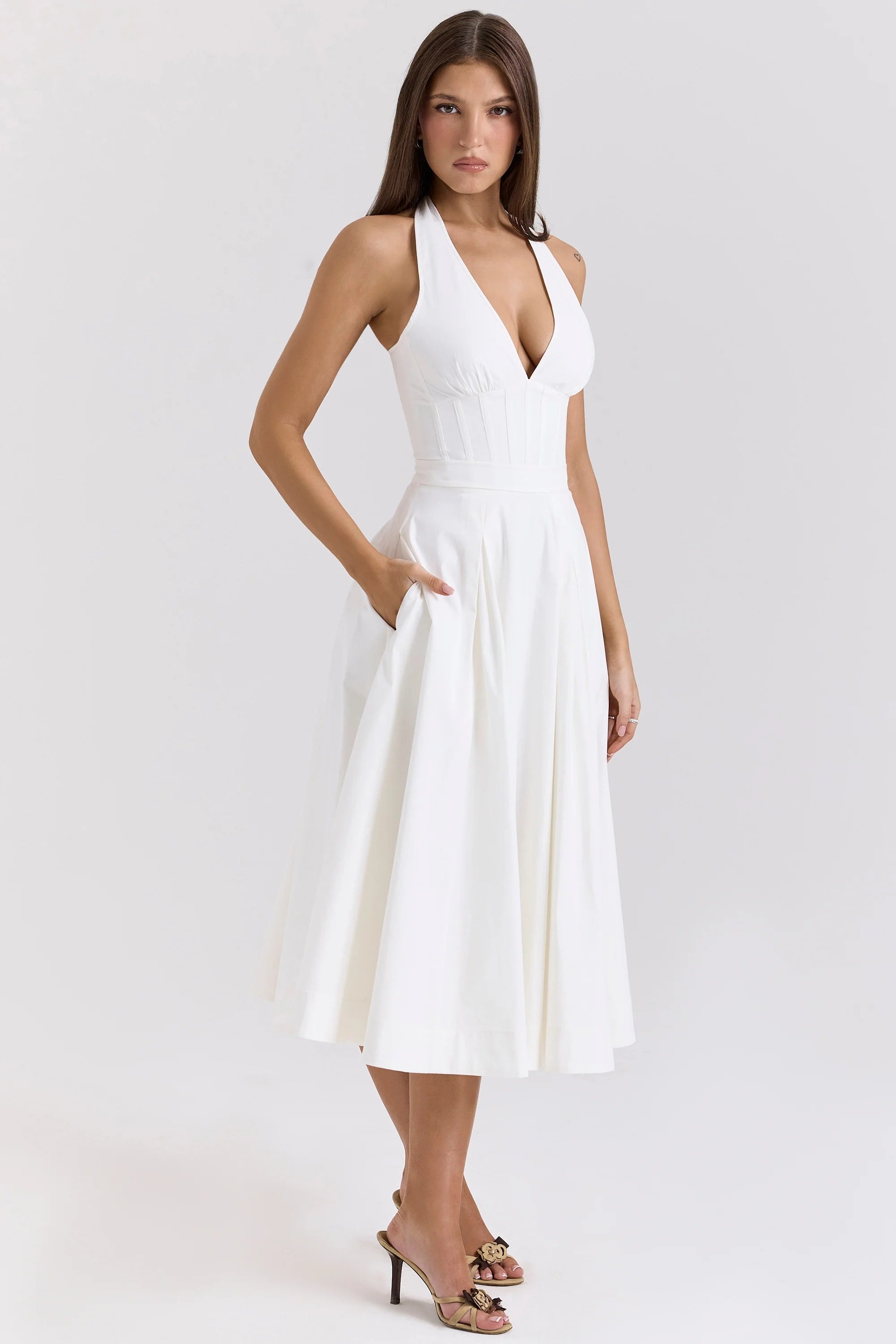 White Stretch Cotton Halter Midi Sundress