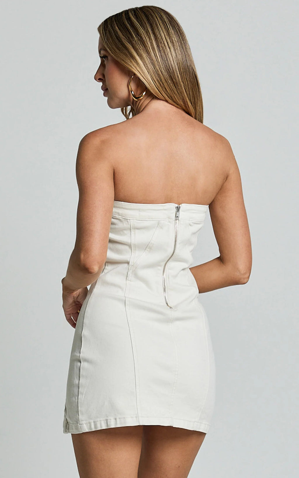 Erline Mini Dress - Asymmetric Strapless Denim Dress in Ecru