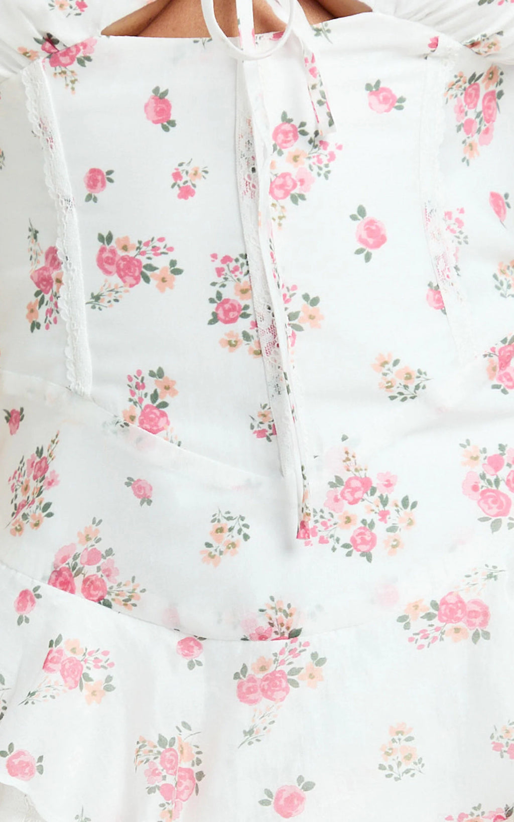 Justine Mini Dress - Strappy Tie Front Corset Waist Ruffle Hem Dress in Romantic Ditsy Print
