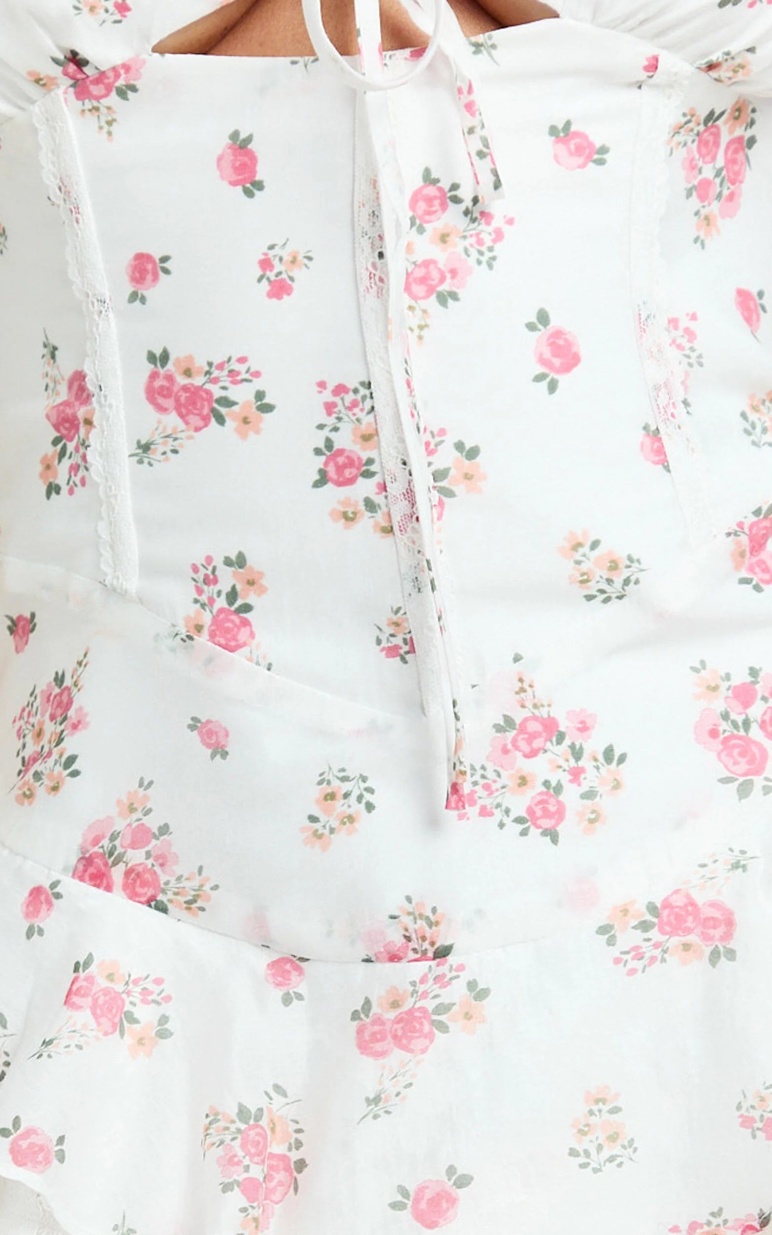 Justine Mini Dress - Strappy Tie Front Corset Waist Ruffle Hem Dress in Romantic Ditsy Print