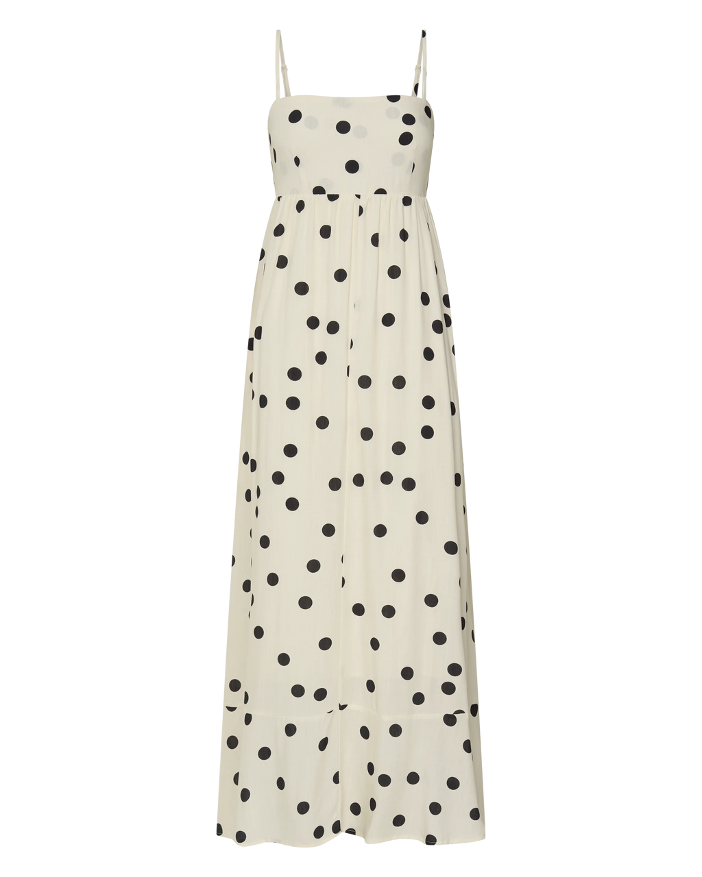 Miriam Midi Linen Dress - Strappy Straight Neck A Line Dress in Beige & Black Spot