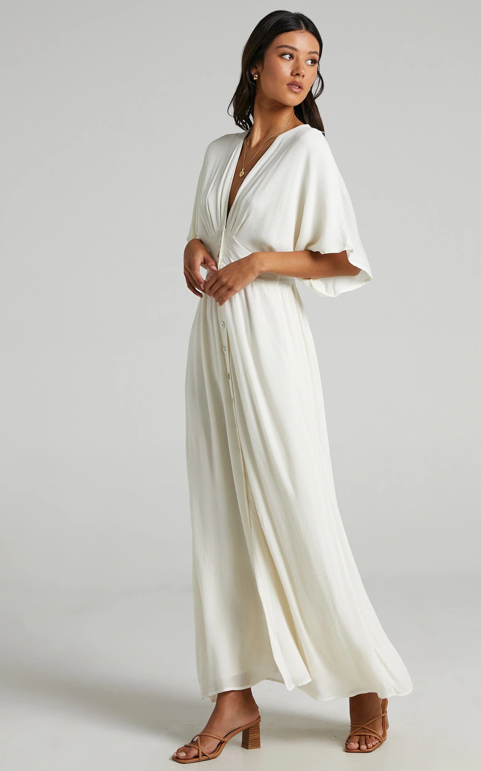 Sitting Pretty Maxi Dress - Short Sleeve Button Down Dress in Natural