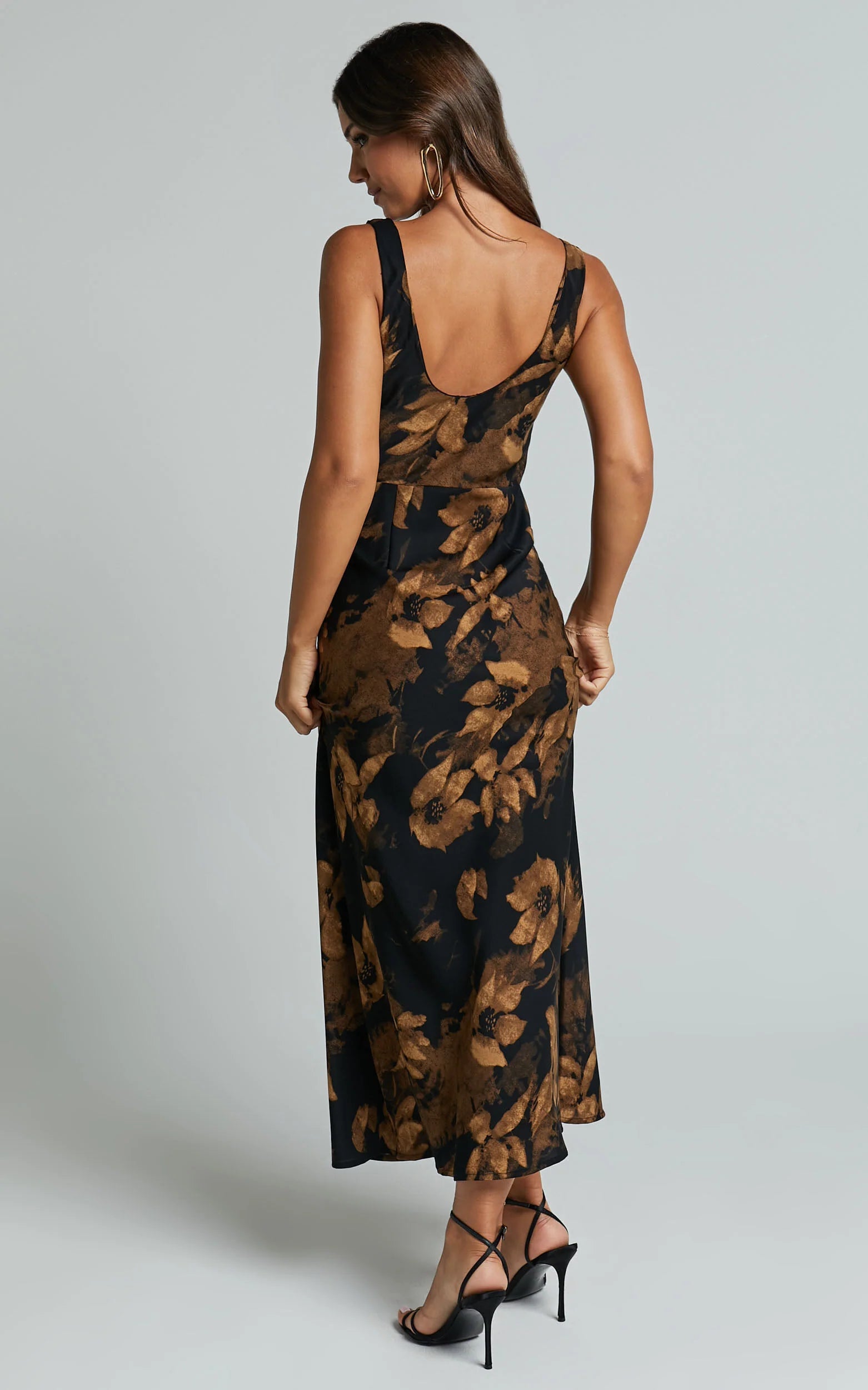Dara Midi Dress - Low Neck Sleeveless Slip Dress in Amber Floral Print
