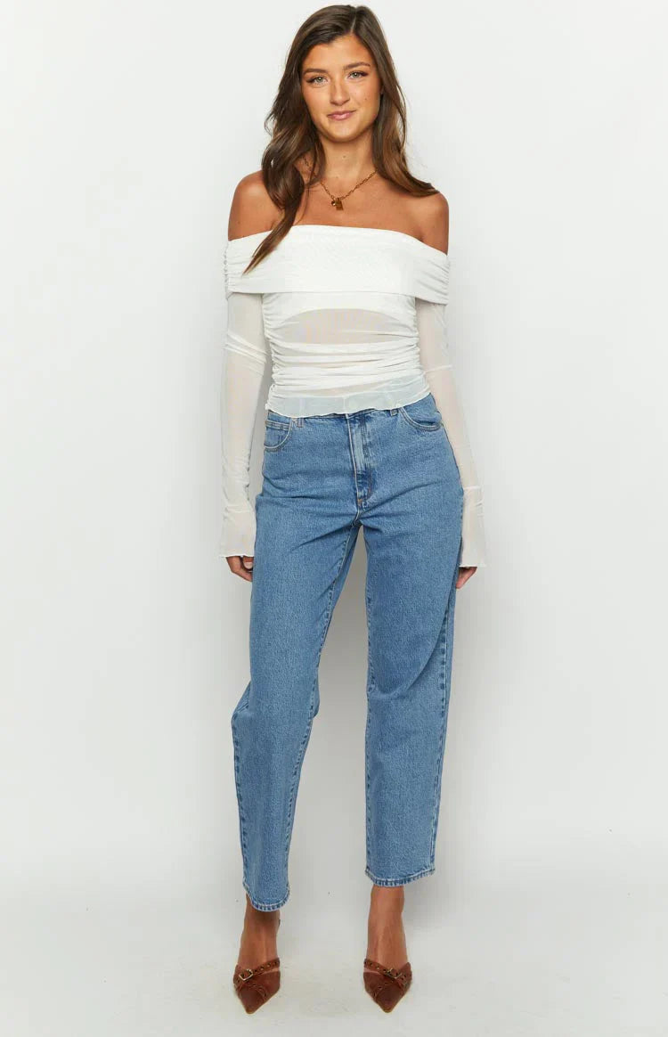 Sky White Mesh Off Shoulder Top
