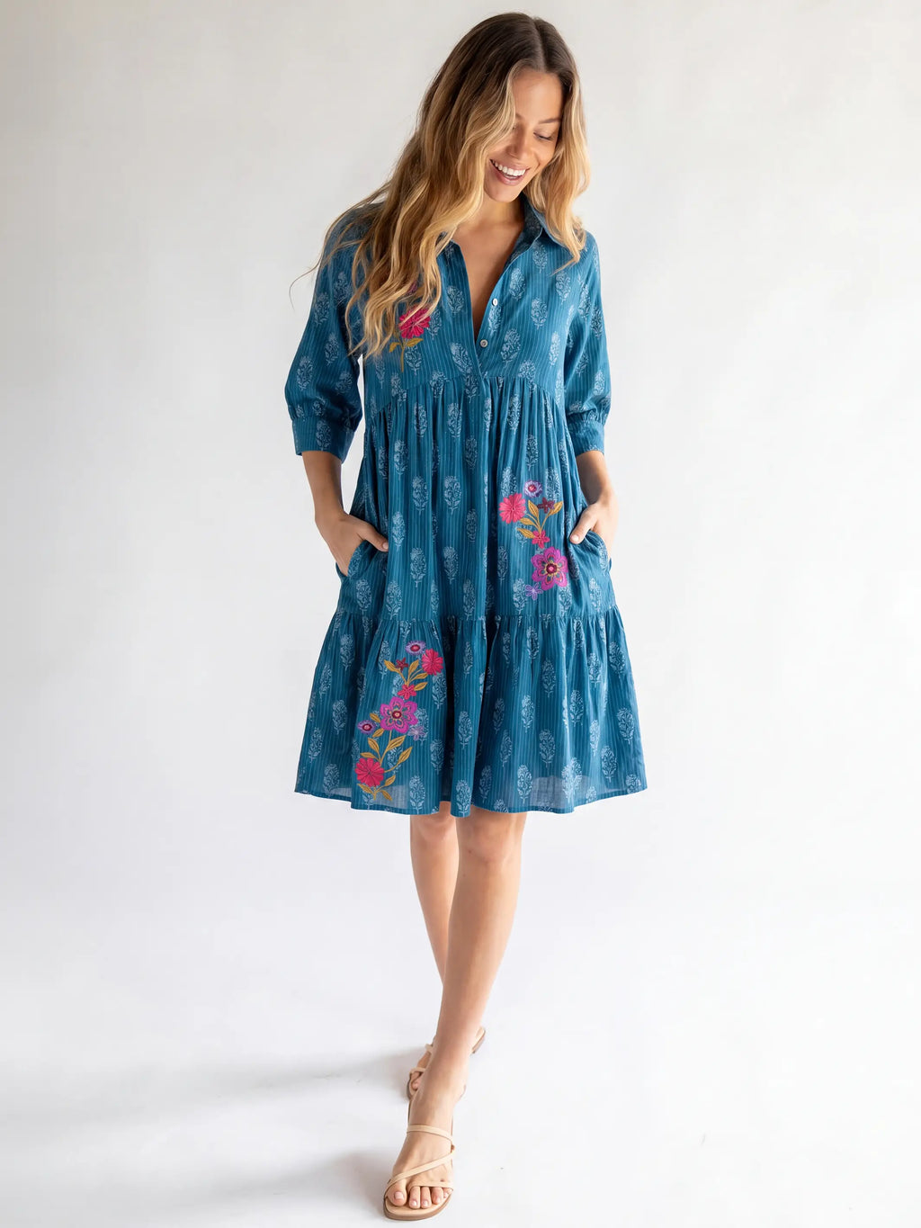 Becca Embroidered Mini Dress - Block Stamp Indigo