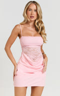 Rania Mini Dress - Square Neck Cowl Waist Lace Dress in Pink