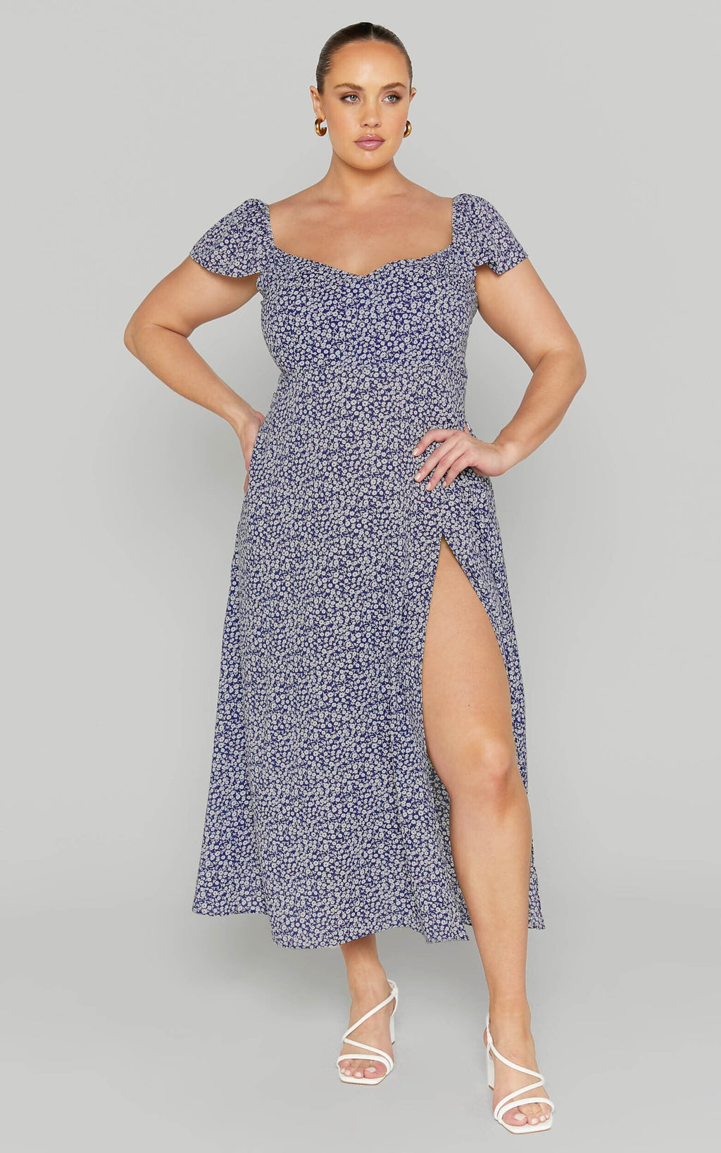 Donissa Midi Dress - Thigh Split Flutter Sleeve Dress in Blue