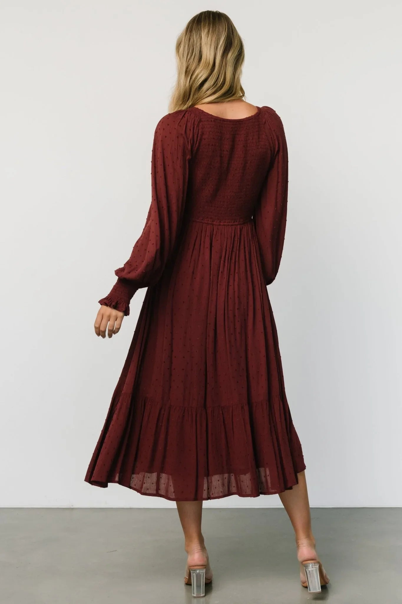 Lainey Smocked Dotted Midi Dress | Mulberry