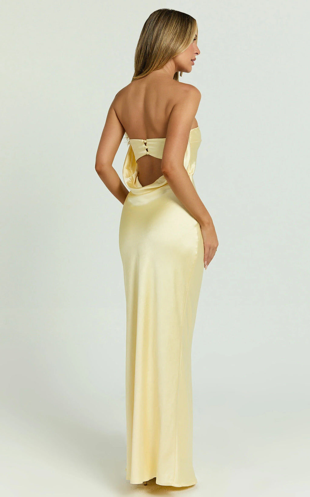 Charlita Maxi Dress - Strapless Cowl Back Satin Dress in Butter Yellow