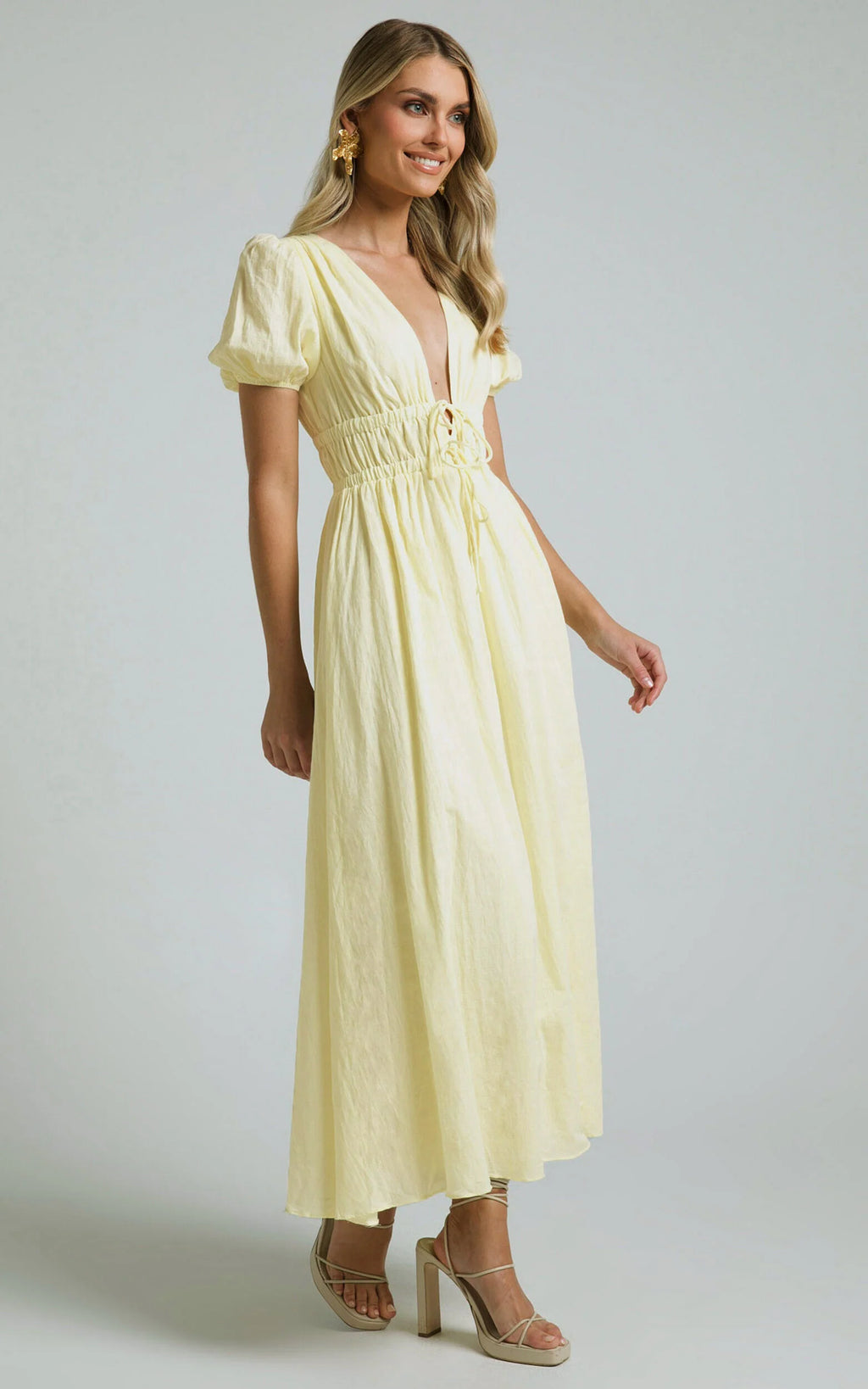 Portofino Midi Dress - V Neck Puff Sleeve Dress in Yellow