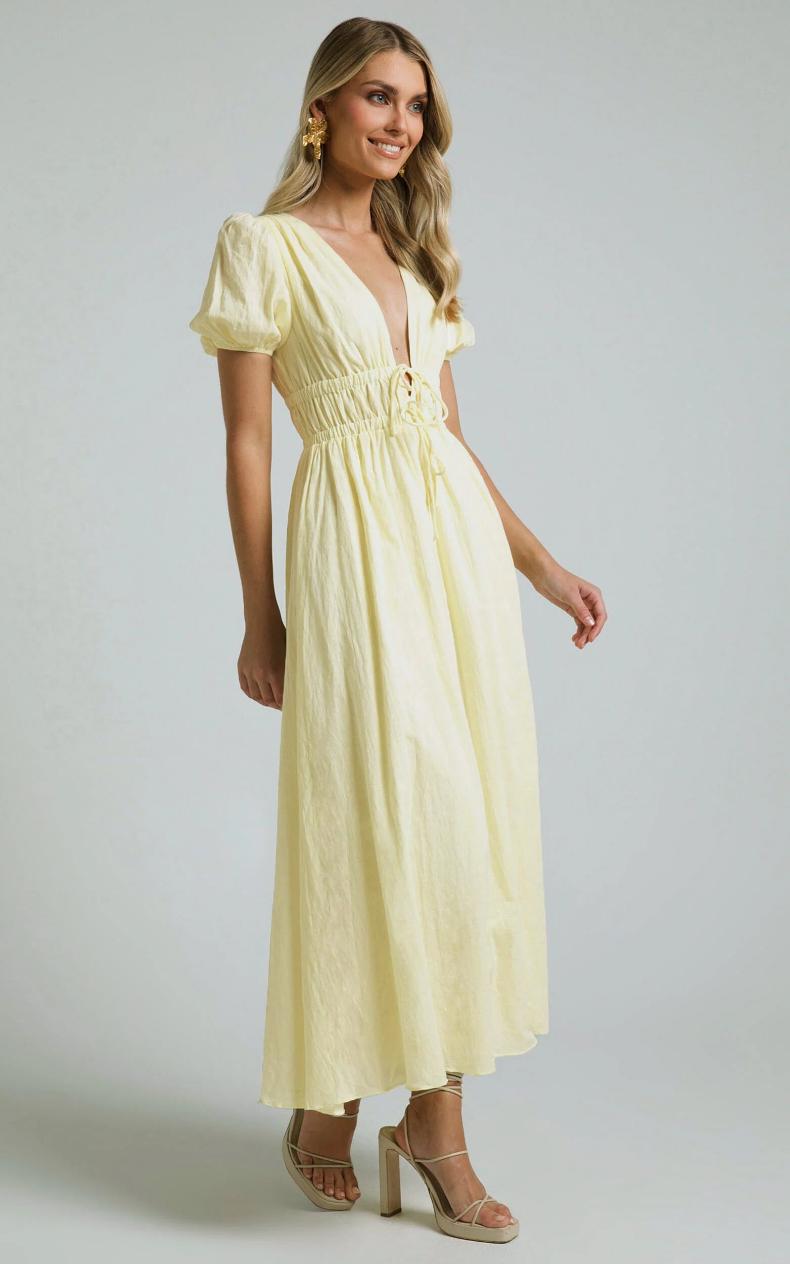 Portofino Midi Dress - V Neck Puff Sleeve Dress in Yellow