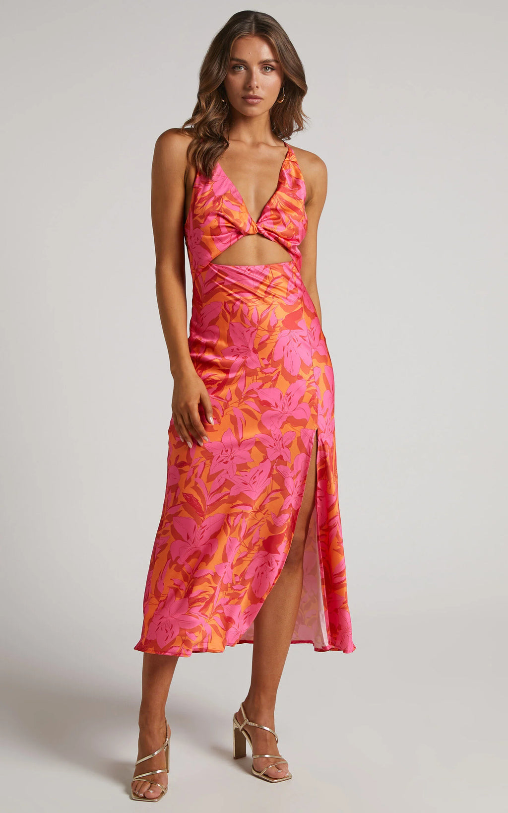 Tove Midi Dress - Twist Front Cut Out Satin Dress in Pink Floral