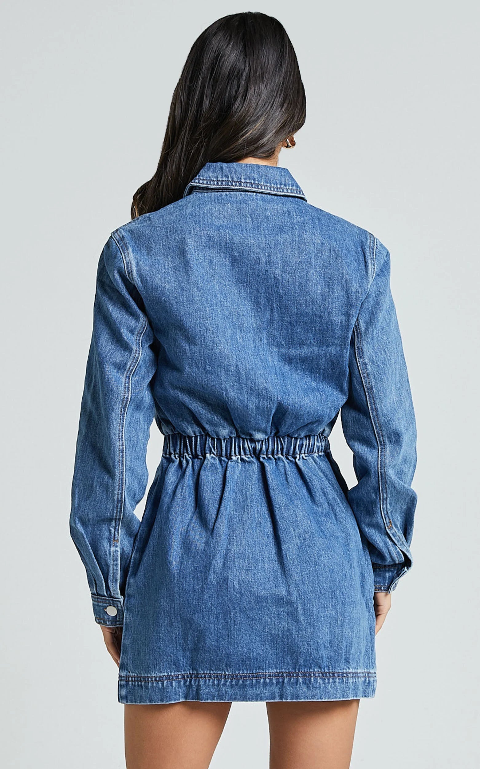 Ainsley Mini Dress - Button Through Long Sleeve Denim Dress in Mid Blue Wash